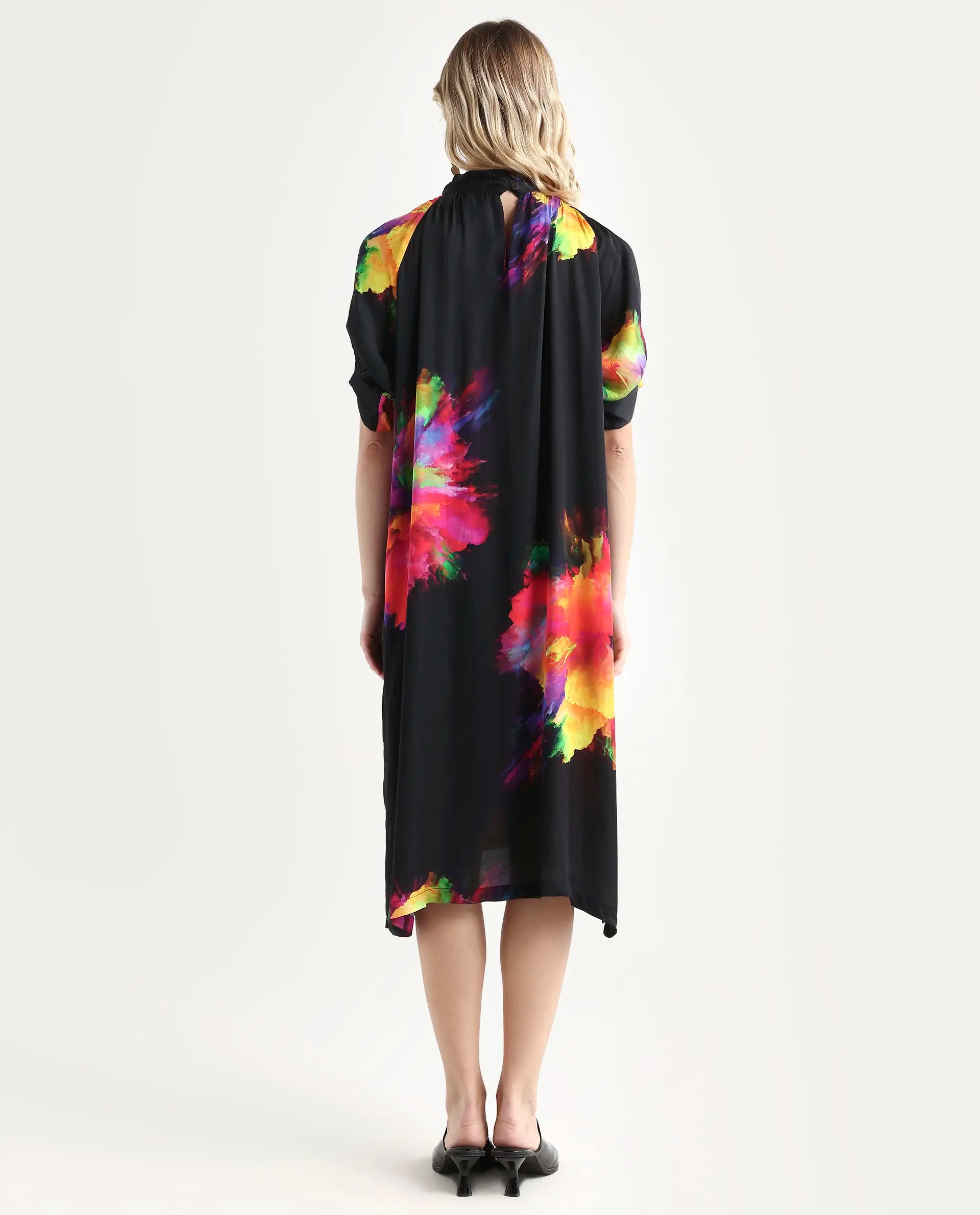 Rareism Women's Jovi Black Modal Blend High Neck Abstract Print Knee Length Regular Fit Dress