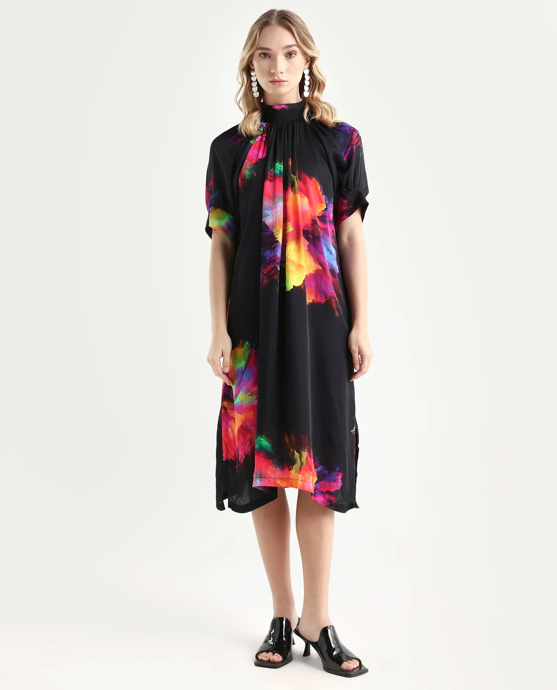 Rareism Women's Jovi Black Modal Blend High Neck Abstract Print Knee Length Regular Fit Dress