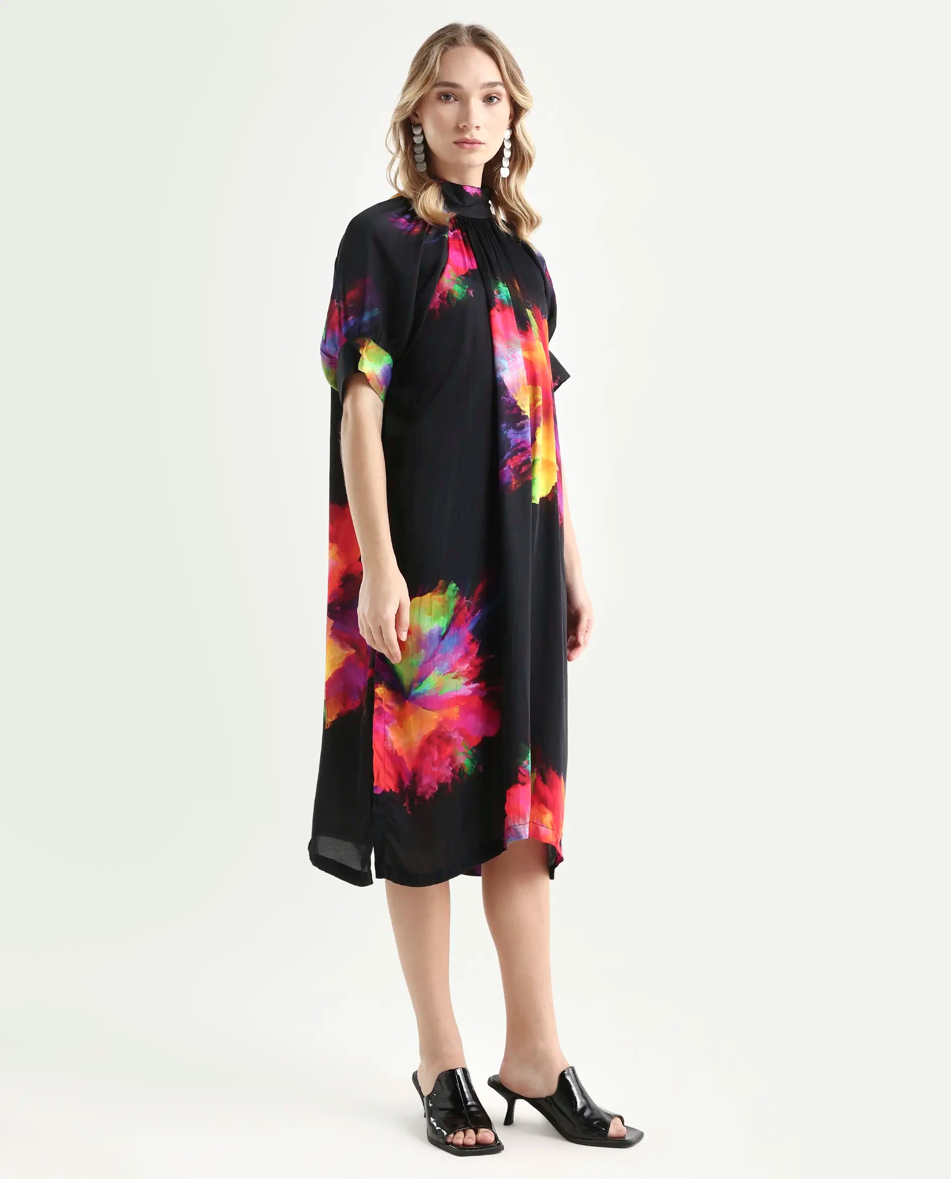 Rareism Women's Jovi Black Modal Blend High Neck Abstract Print Knee Length Regular Fit Dress