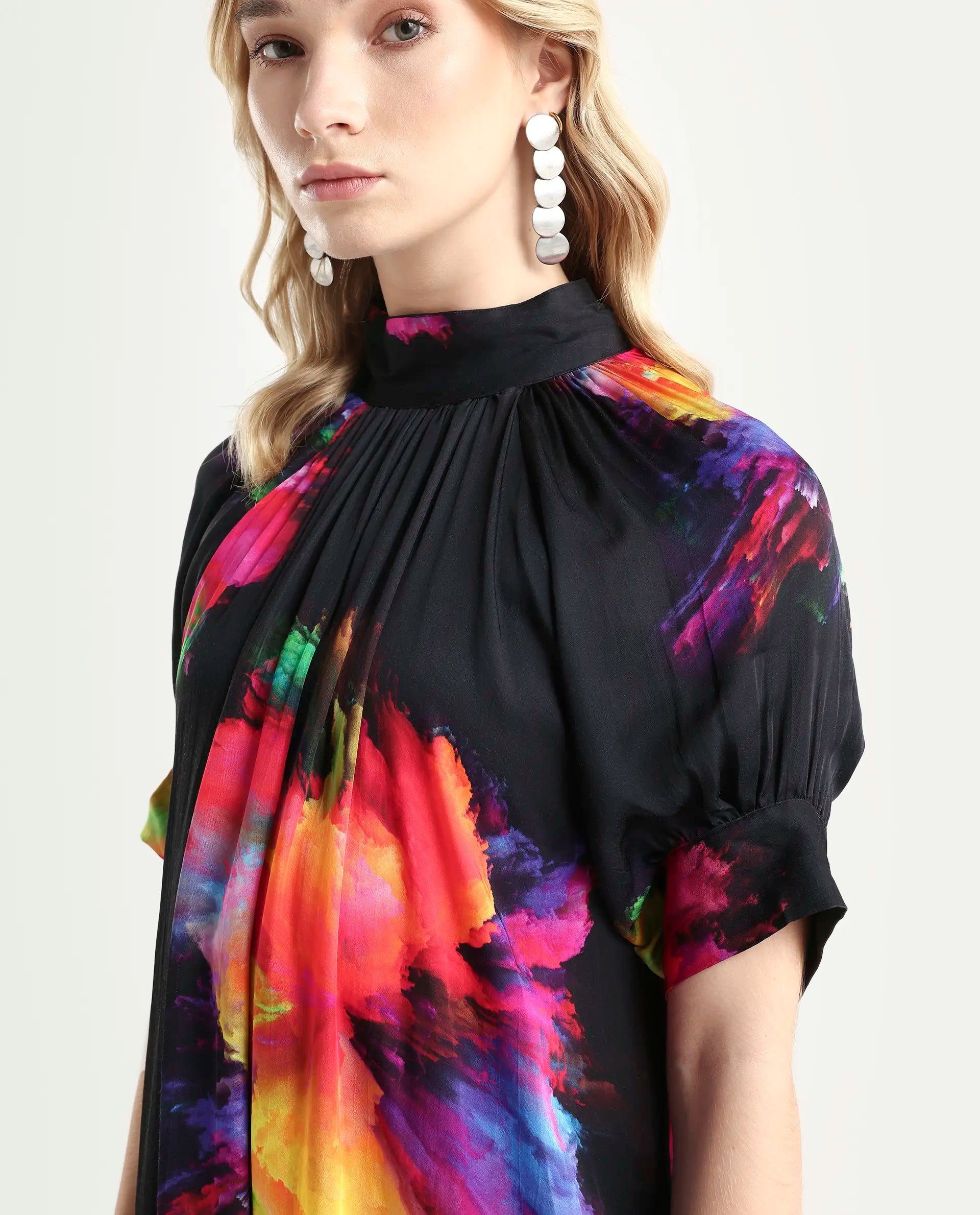 Rareism Women's Jovi Black Modal Blend High Neck Abstract Print Knee Length Regular Fit Dress