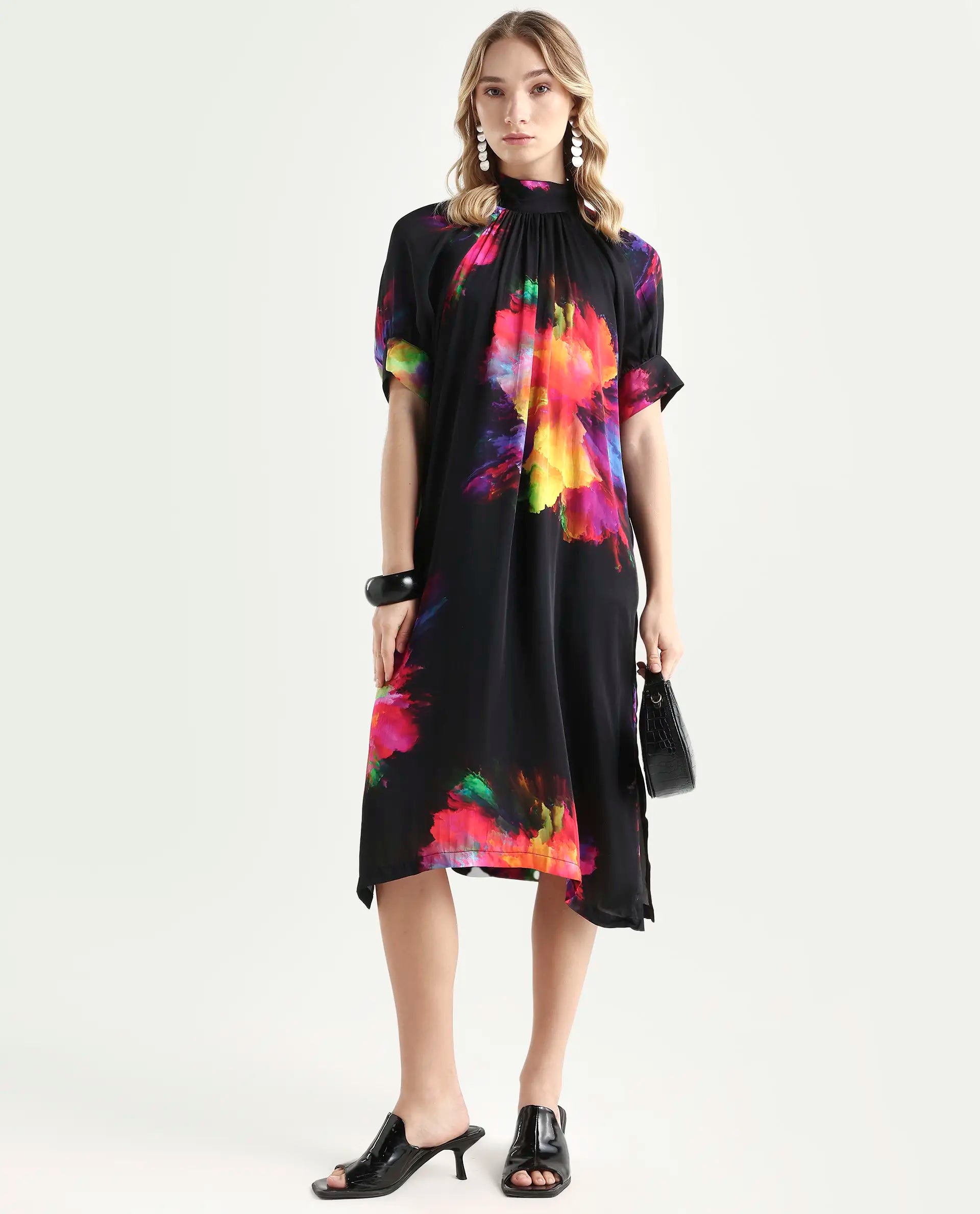 Rareism Women's Jovi Black Modal Blend High Neck Abstract Print Knee Length Regular Fit Dress