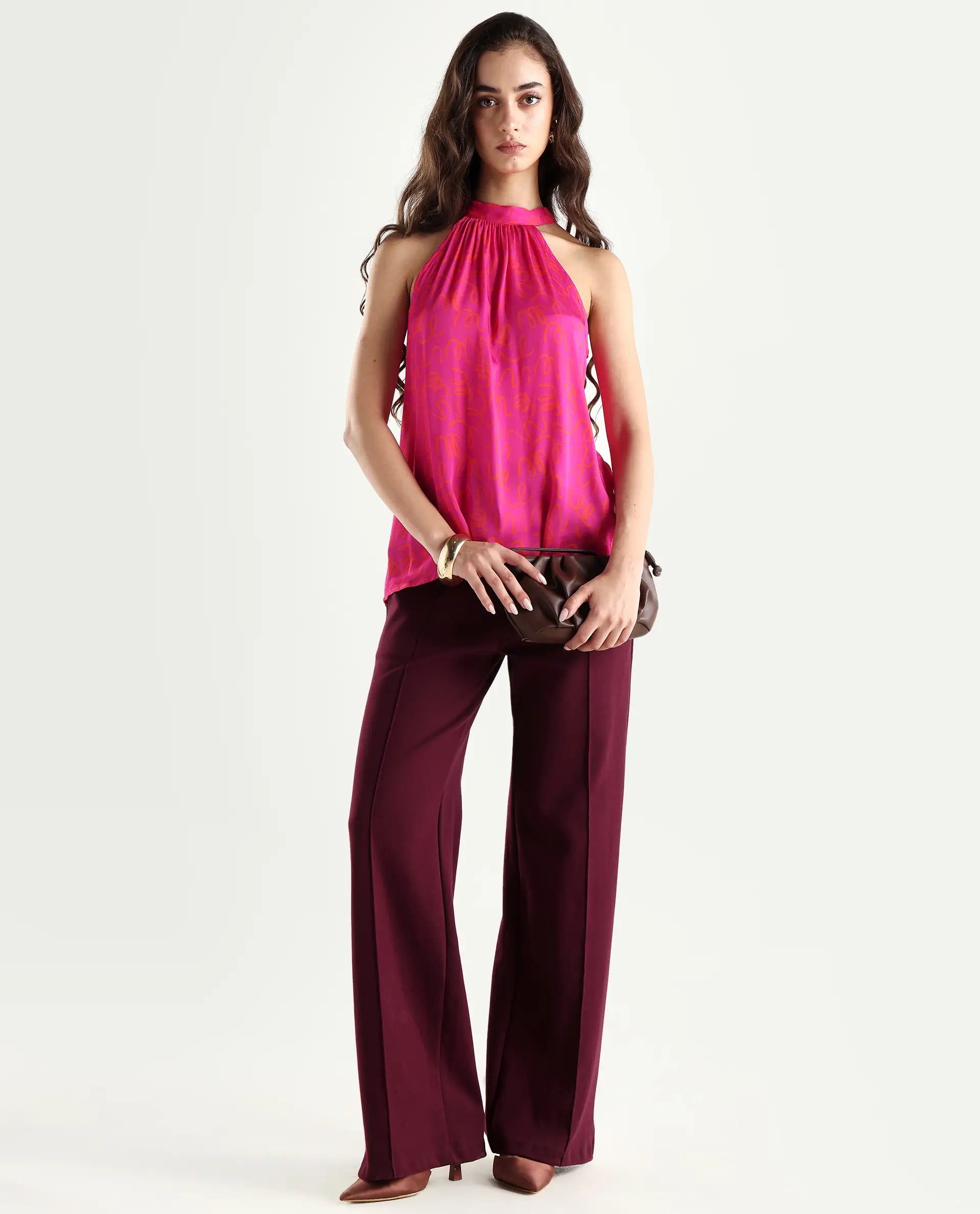 Rareism Women's Meet Pink Halter Neck Printed Sleeveless Knee Length Tailored Top