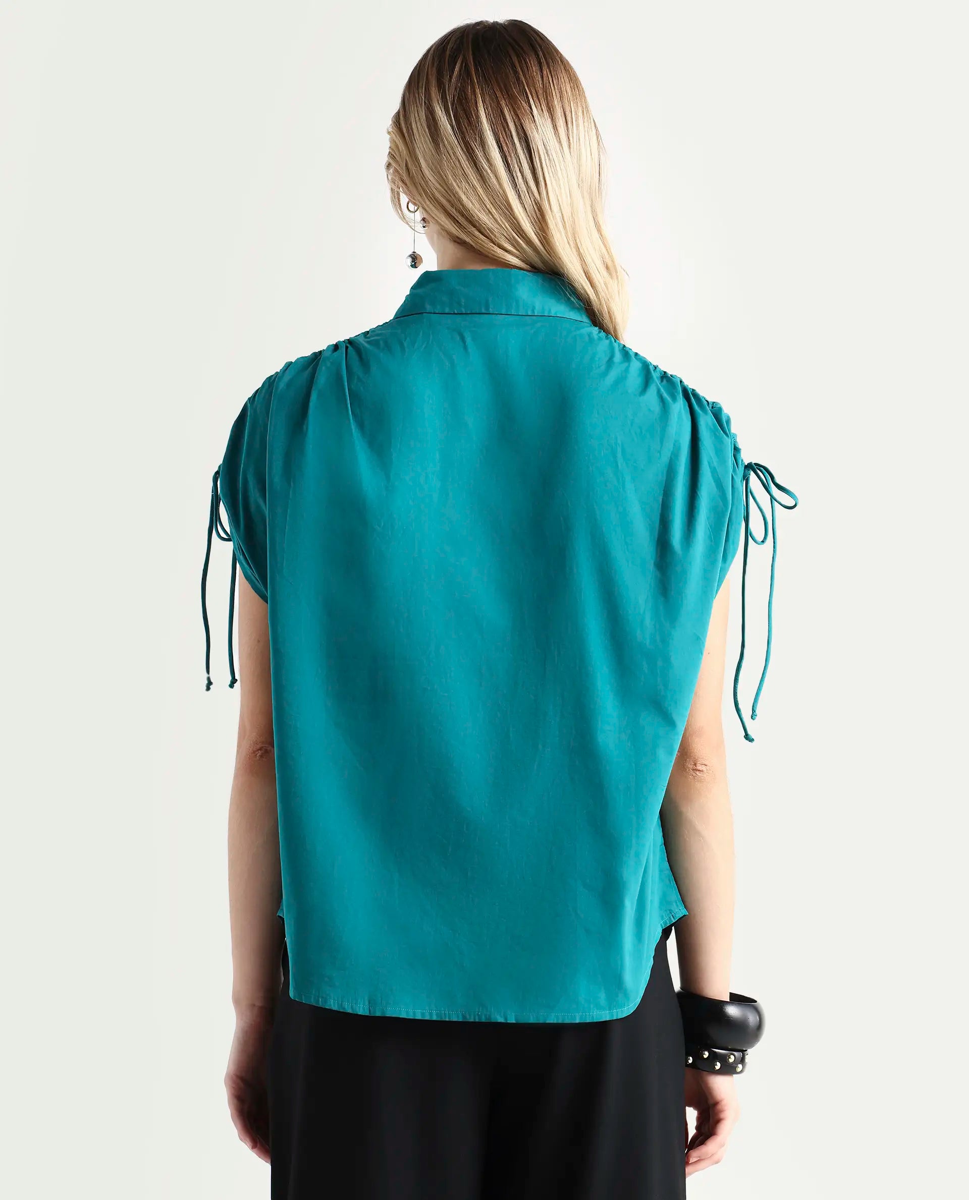 Rareism Women's Tamara Petrol Cotton Spread Collar Plain Regular Fit Top