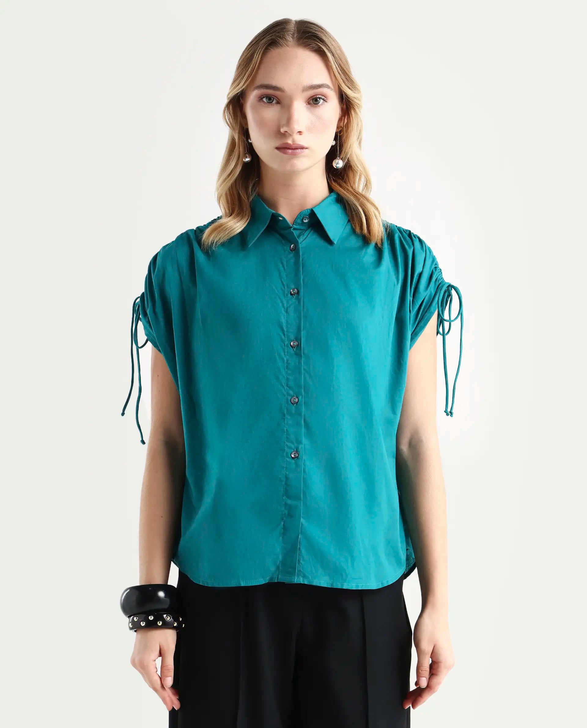 Rareism Women's Tamara Petrol Cotton Spread Collar Plain Regular Fit Top