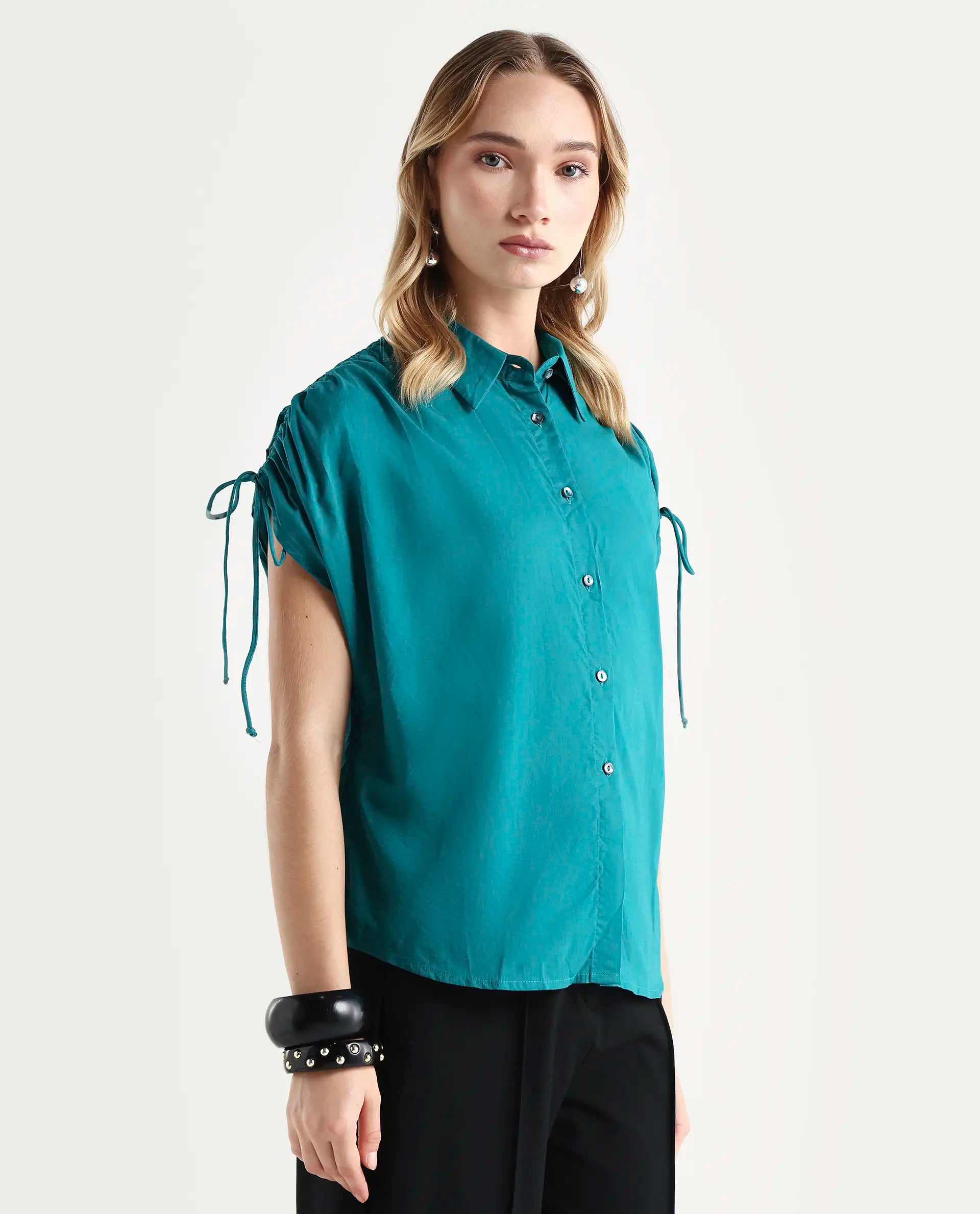 Rareism Women's Tamara Petrol Cotton Spread Collar Plain Regular Fit Top