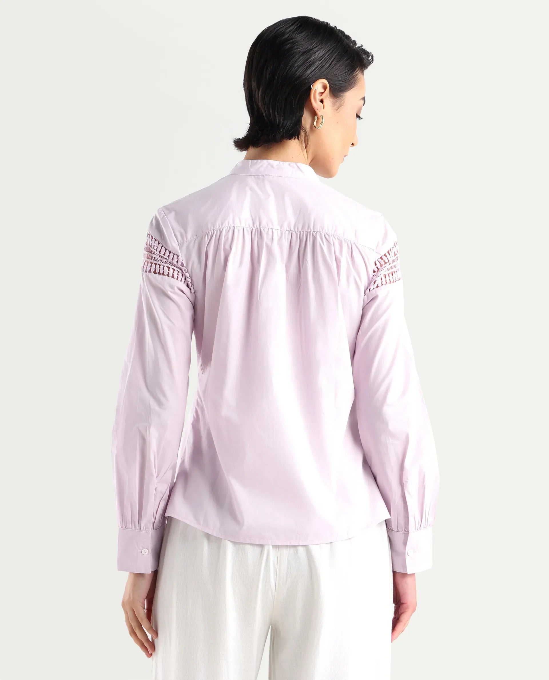 Rareism Women's Zoom Purple Cotton Mandarin Collar Plain Regular Fit Top