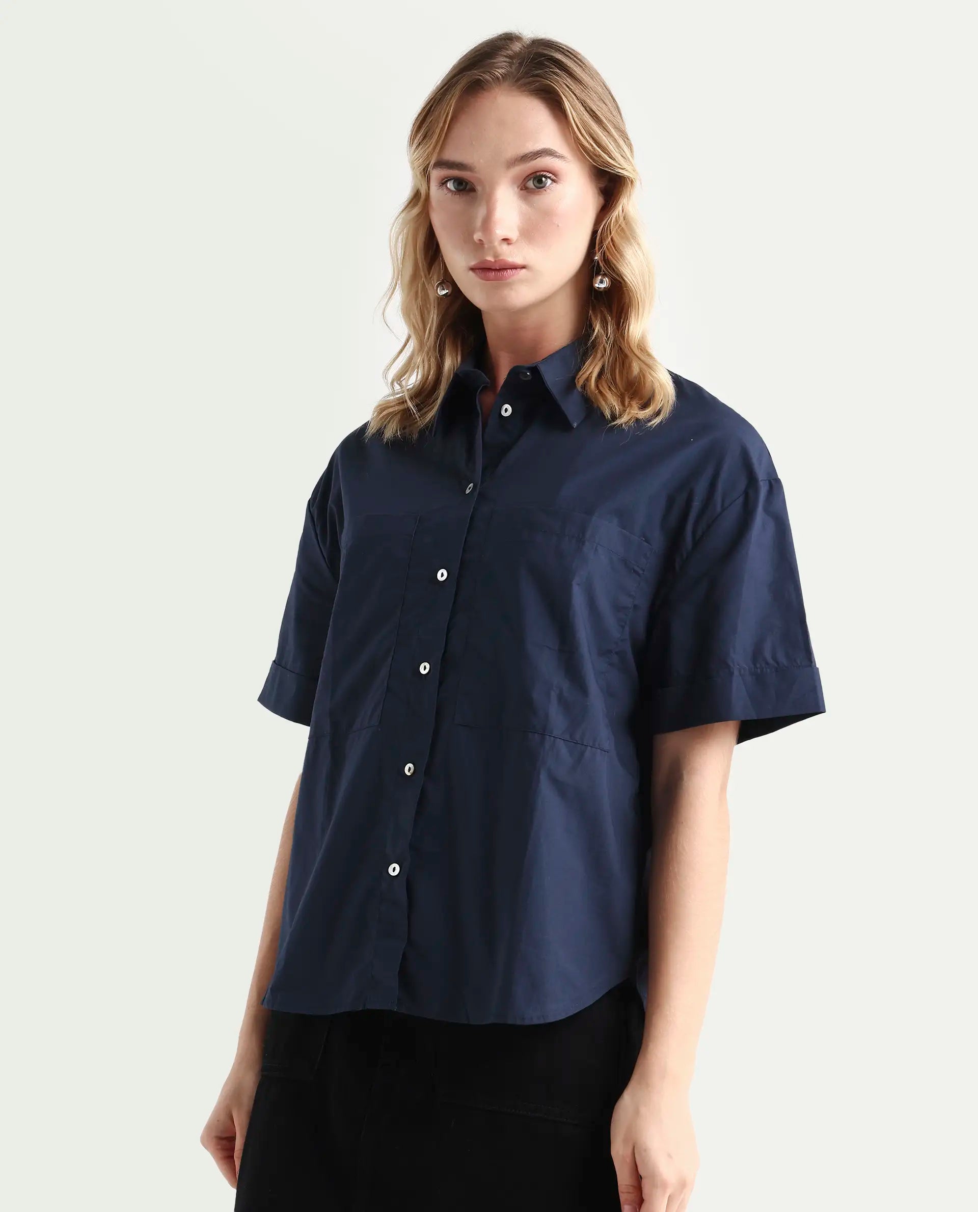 Rareism Women's Vesh Navy Cotton Spread Collar Plain Regular Fit Top