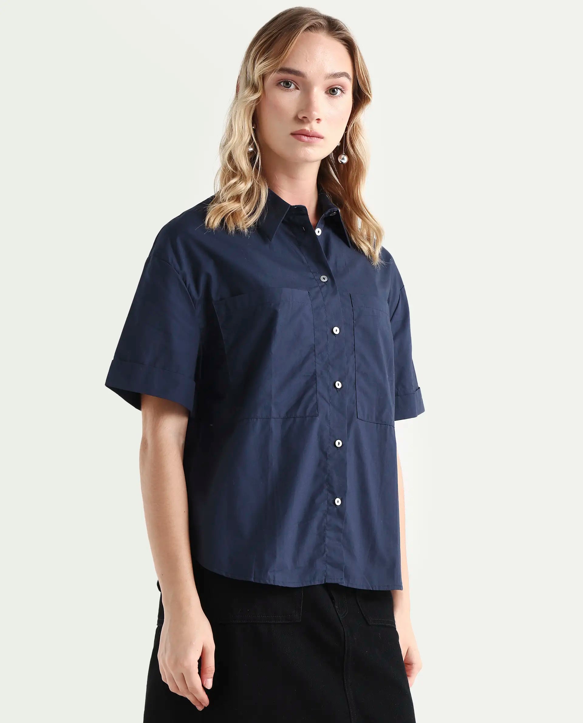 Rareism Women's Vesh Navy Cotton Spread Collar Plain Regular Fit Top