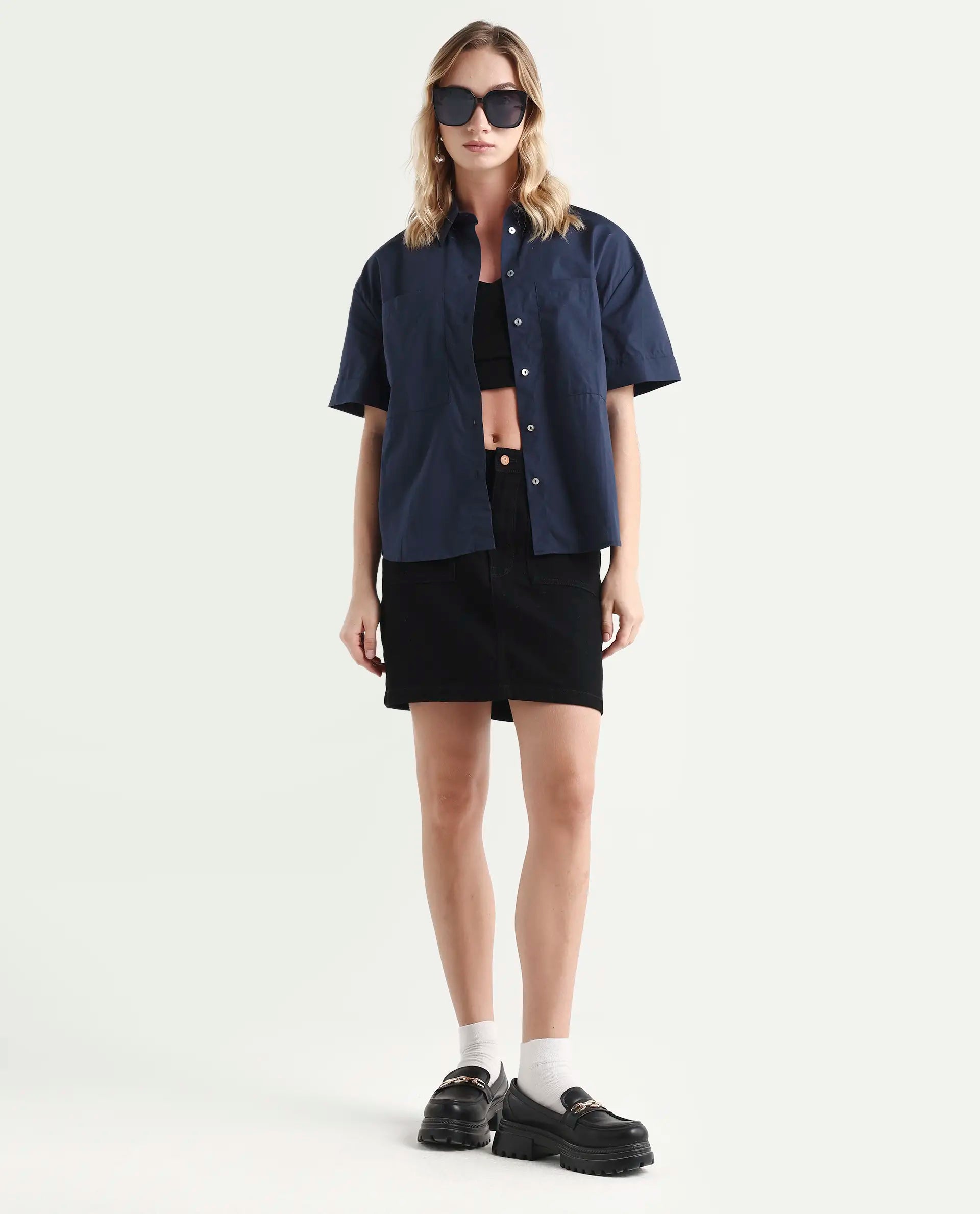 Rareism Women's Vesh Navy Cotton Spread Collar Plain Regular Fit Top