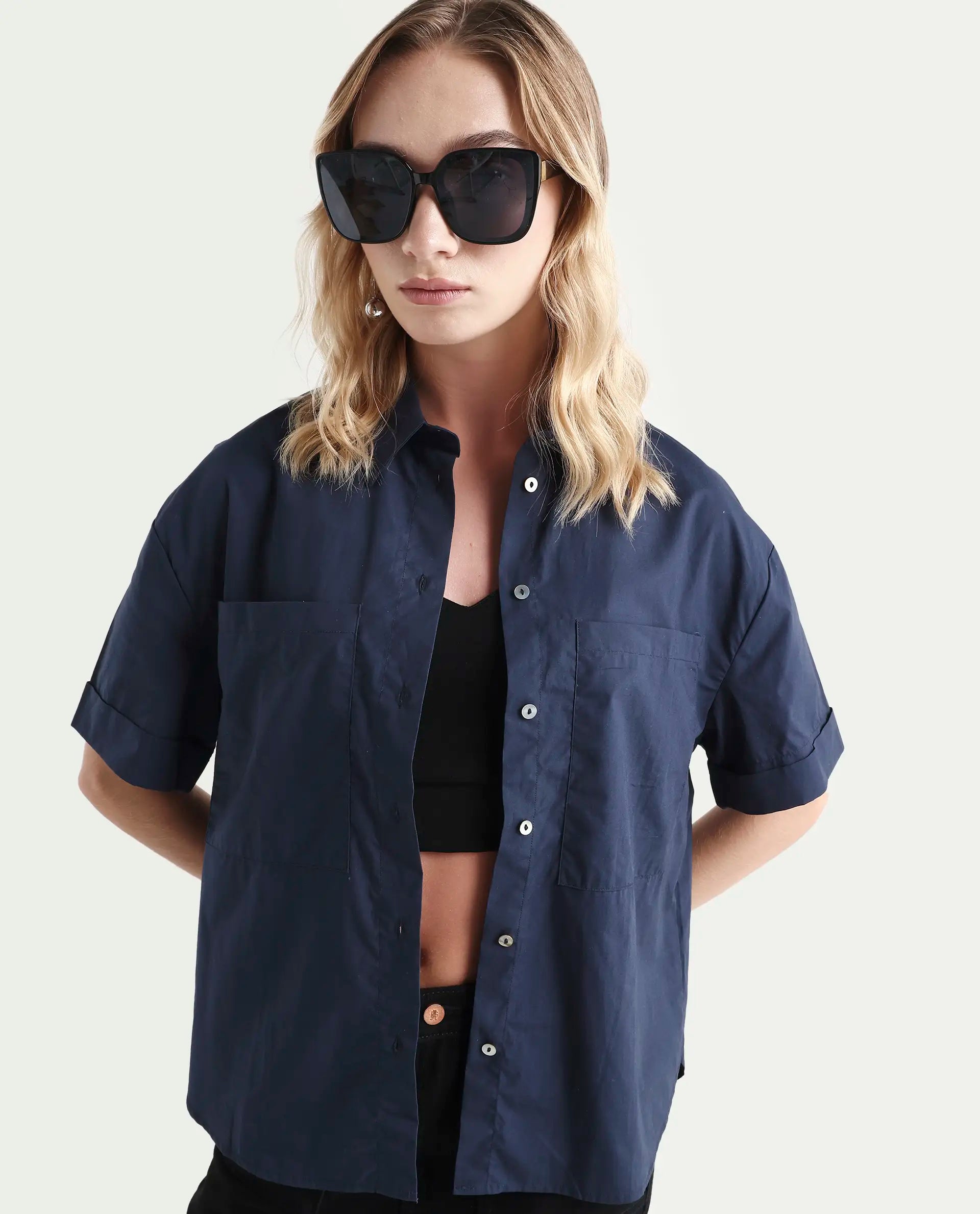 Rareism Women's Vesh Navy Cotton Spread Collar Plain Regular Fit Top