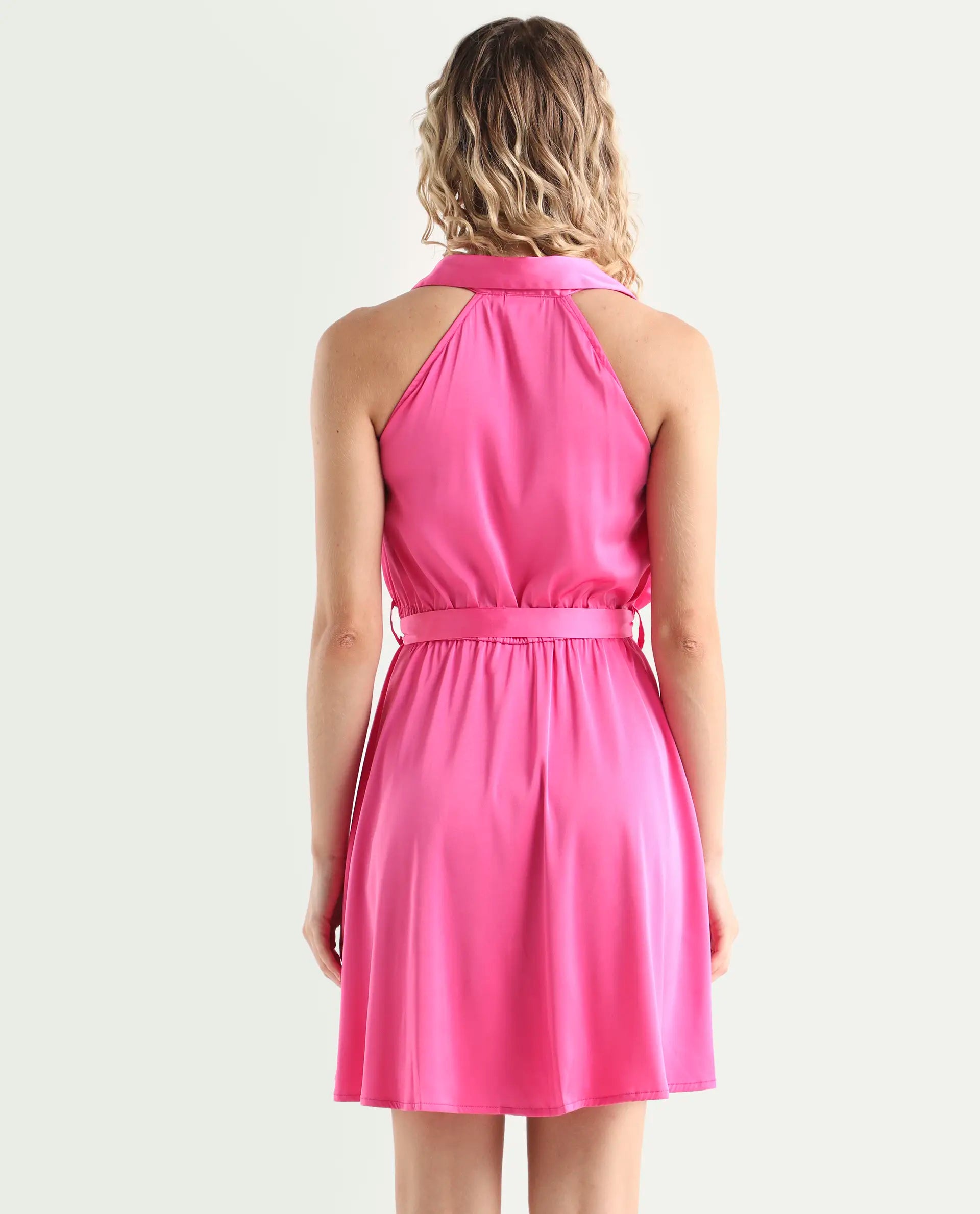 Rareism Women's Sulphur Pink Modal Blend Halter Neck Plain Sleeveless Mini Regular Fit Dress