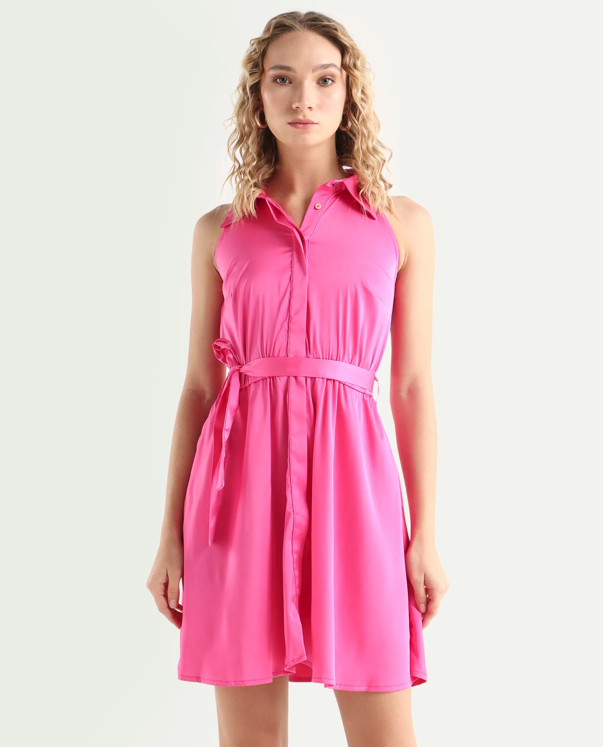 Rareism Women's Sulphur Pink Modal Blend Halter Neck Plain Sleeveless Mini Regular Fit Dress