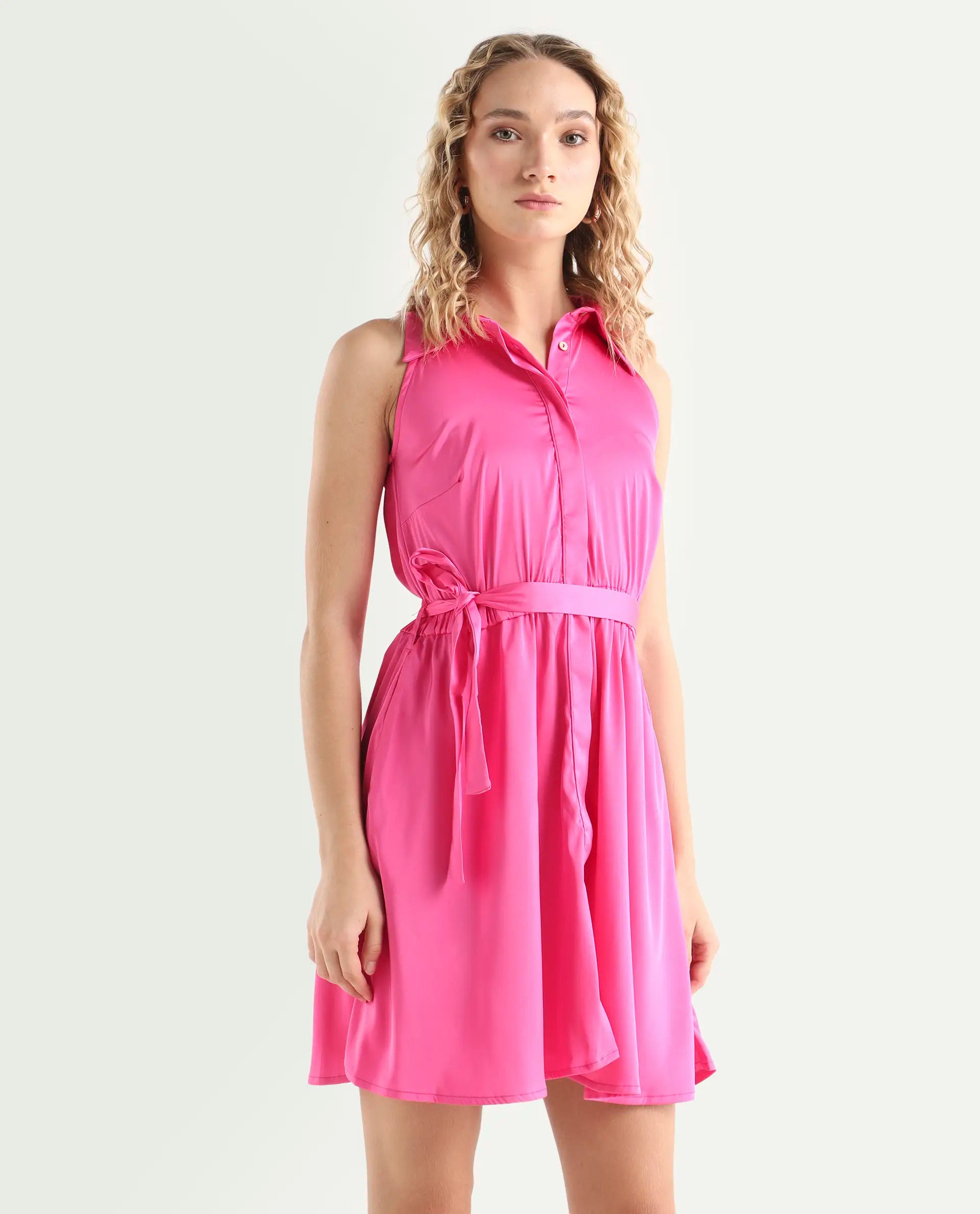 Rareism Women's Sulphur Pink Modal Blend Halter Neck Plain Sleeveless Mini Regular Fit Dress