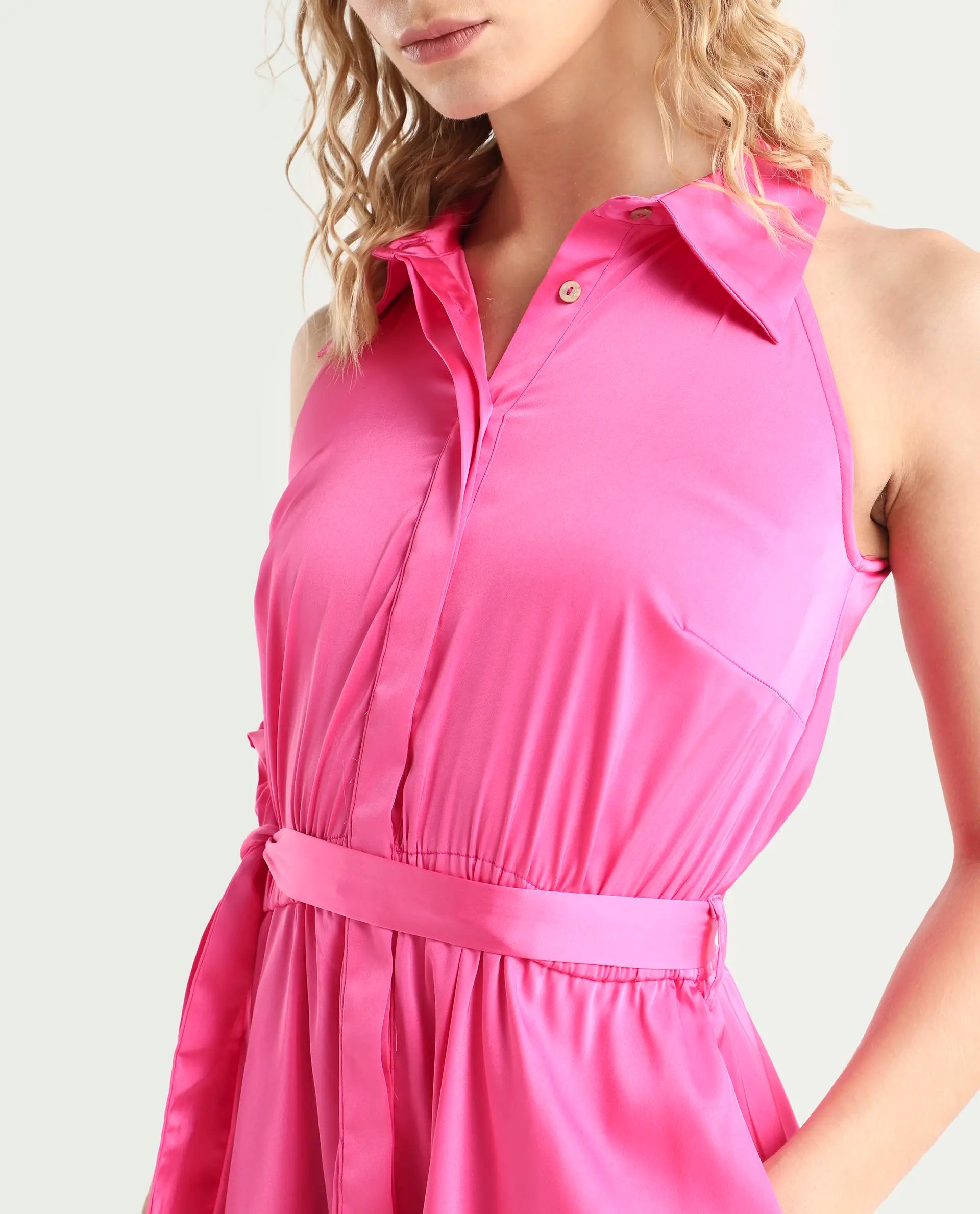 Rareism Women's Sulphur Pink Modal Blend Halter Neck Plain Sleeveless Mini Regular Fit Dress