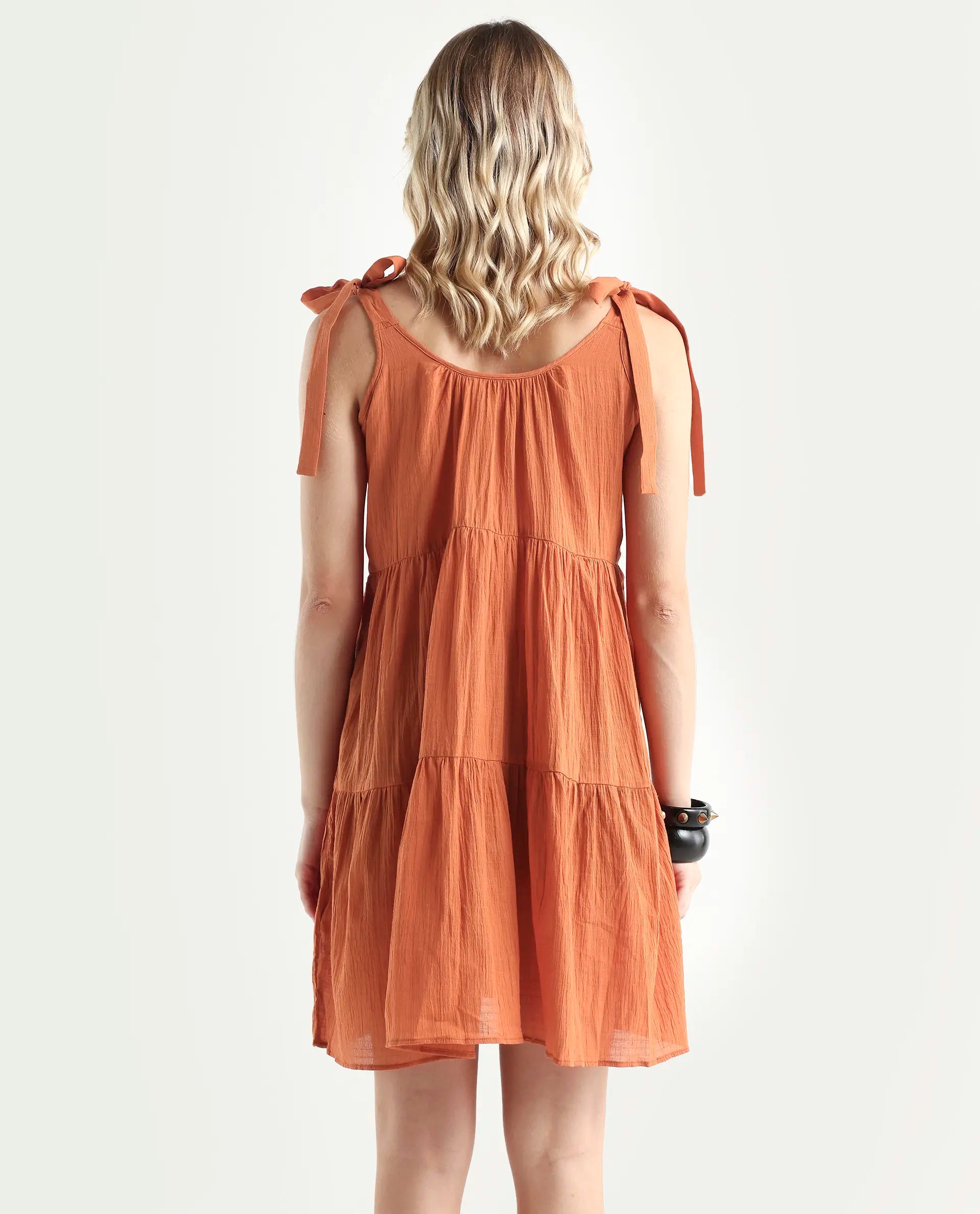 Rareism Women's Melt Rust Cotton Tie-Up Neck Plain Shoulder Strap Knee Length Regular Fit Dress