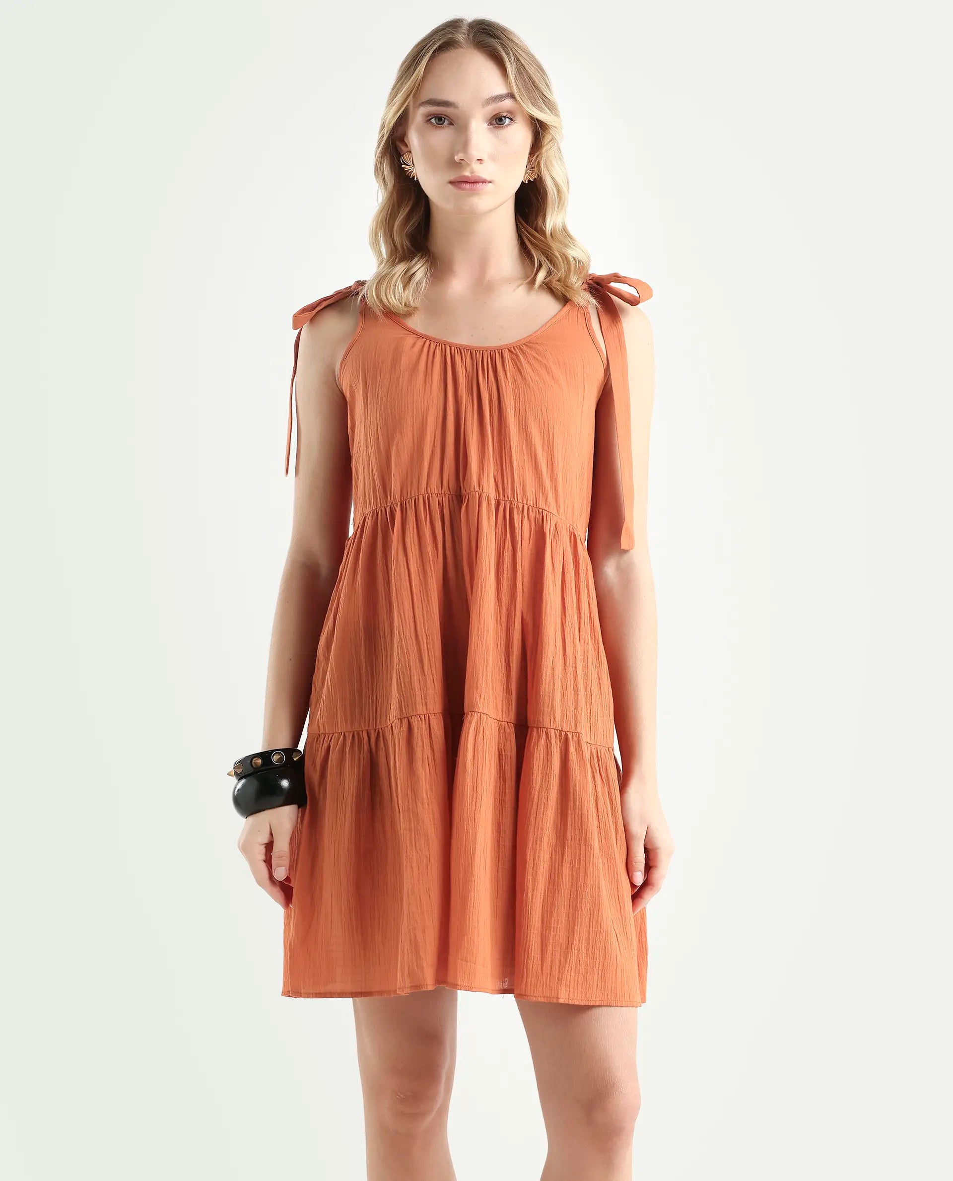 Rareism Women's Melt Rust Cotton Tie-Up Neck Plain Shoulder Strap Knee Length Regular Fit Dress