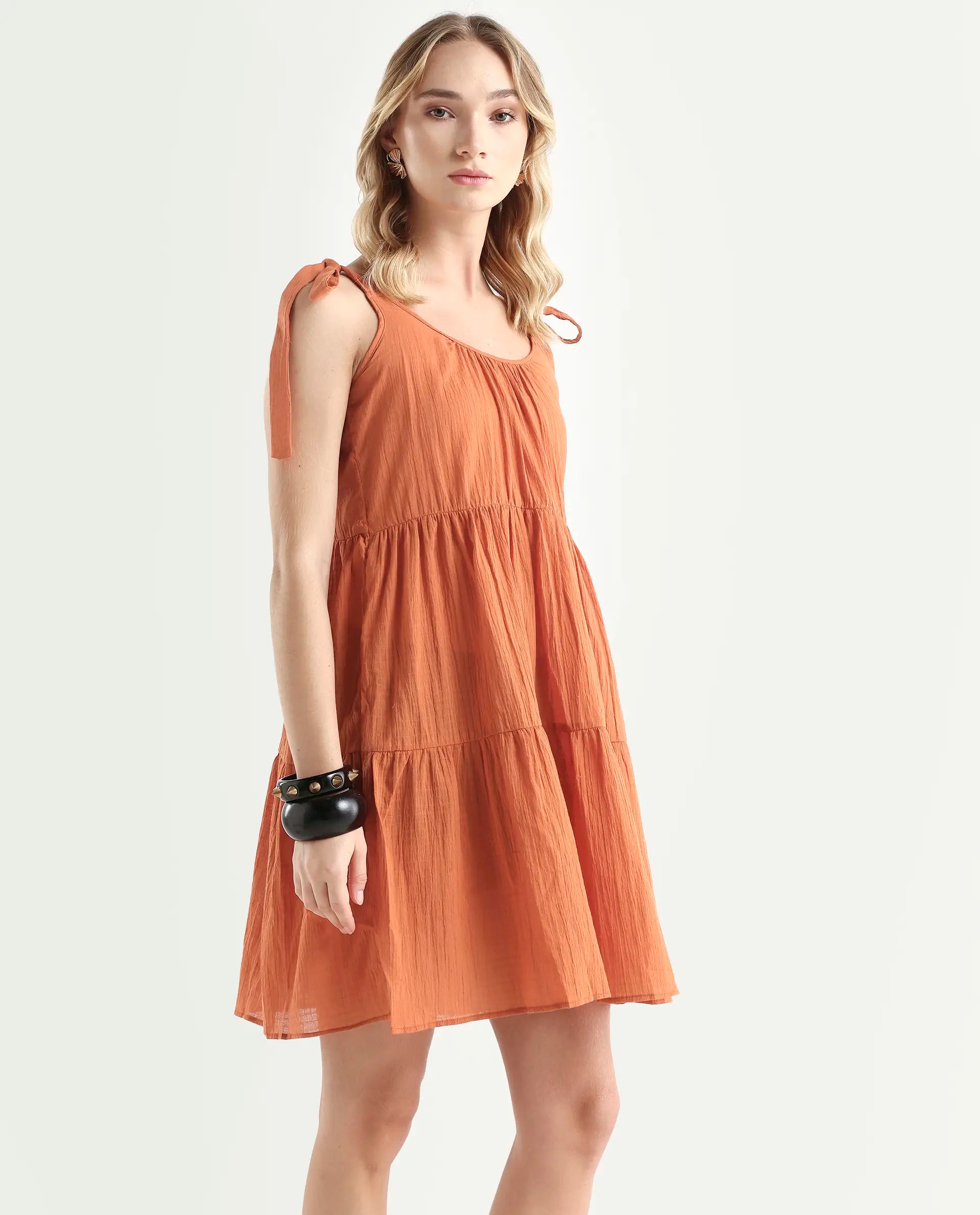 Rareism Women's Melt Rust Cotton Tie-Up Neck Plain Shoulder Strap Knee Length Regular Fit Dress