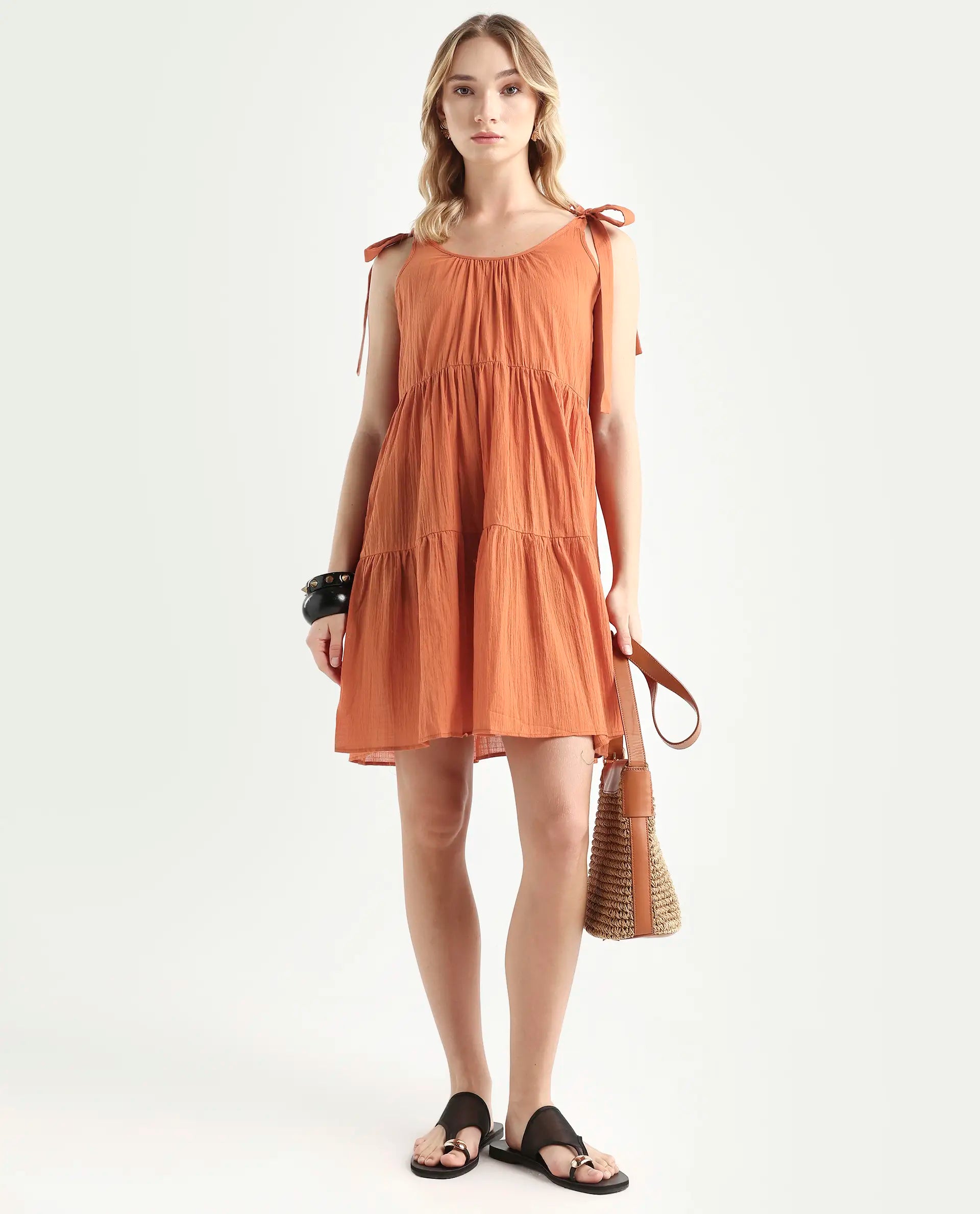 Rareism Women's Melt Rust Cotton Tie-Up Neck Plain Shoulder Strap Knee Length Regular Fit Dress