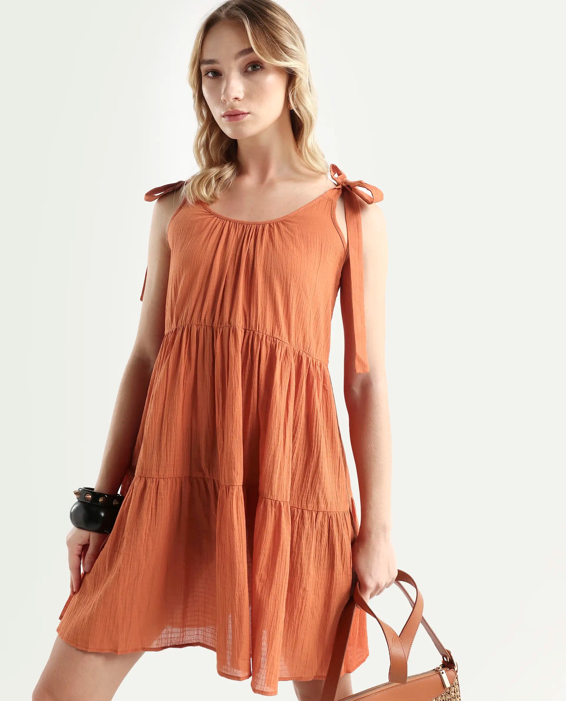 Rareism Women's Melt Rust Cotton Tie-Up Neck Plain Shoulder Strap Knee Length Regular Fit Dress
