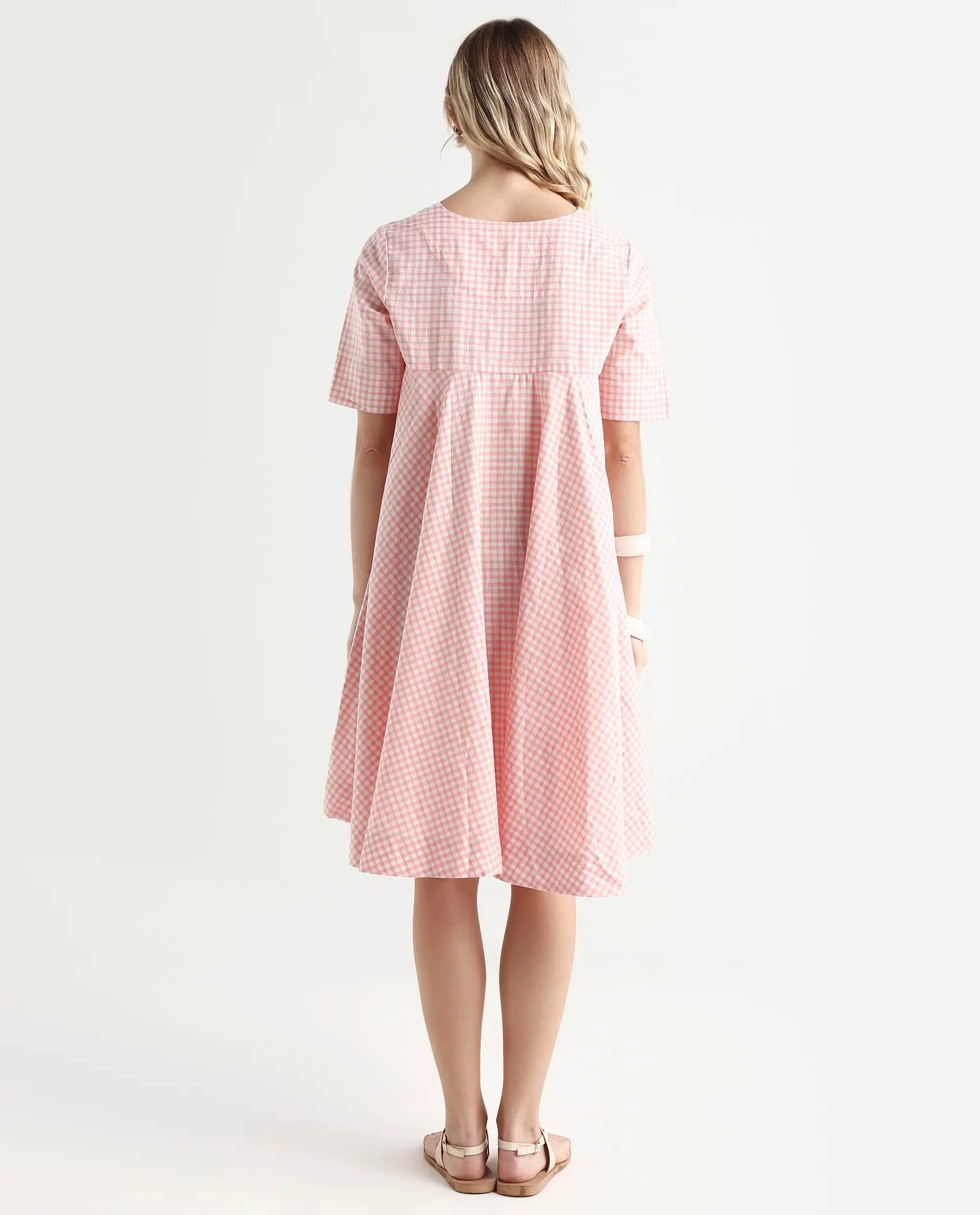 Rareism Women's Omni Peach Lapel Neck Checked Knee Length Regular Fit Dress