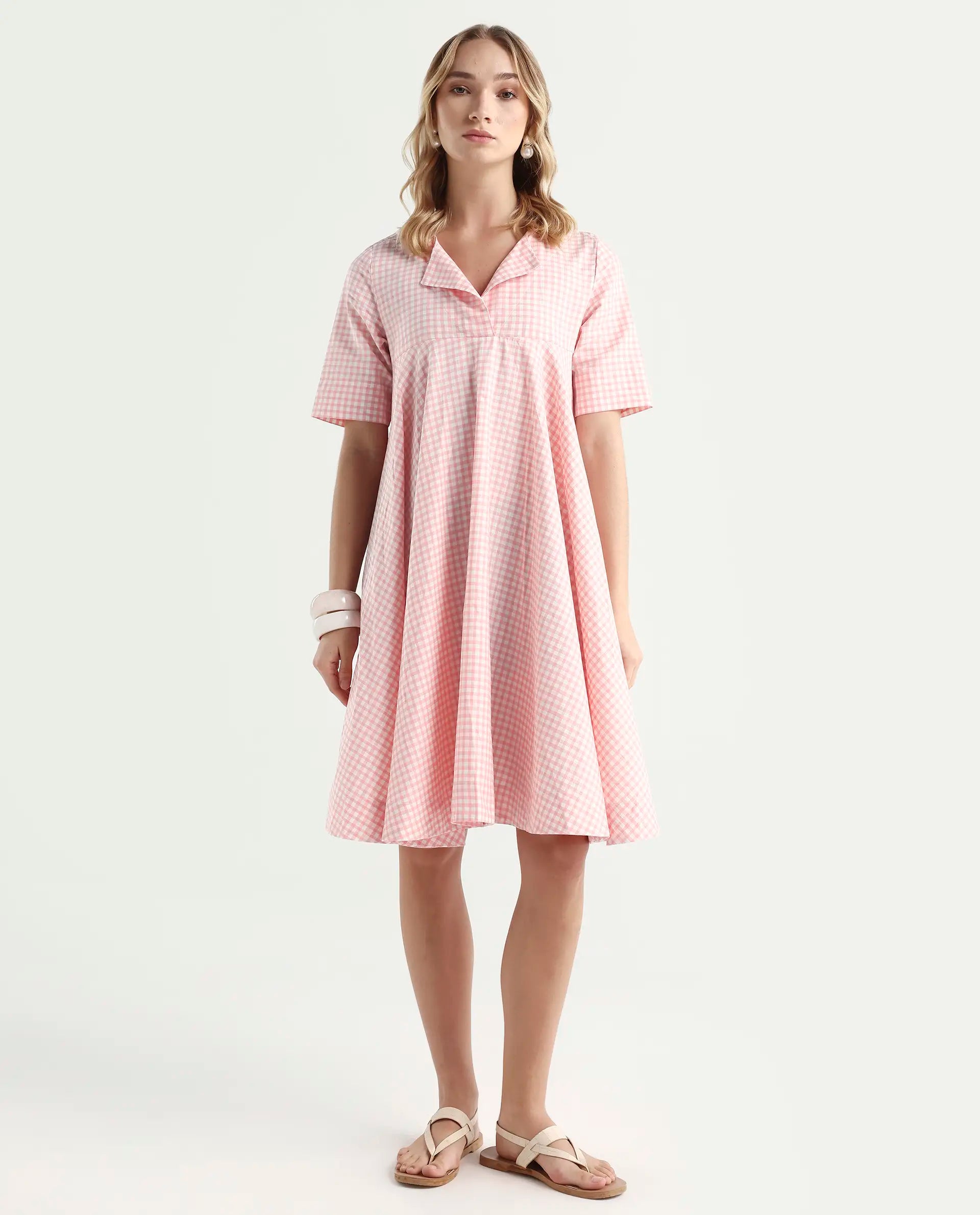 Rareism Women's Omni Peach Lapel Neck Checked Knee Length Regular Fit Dress