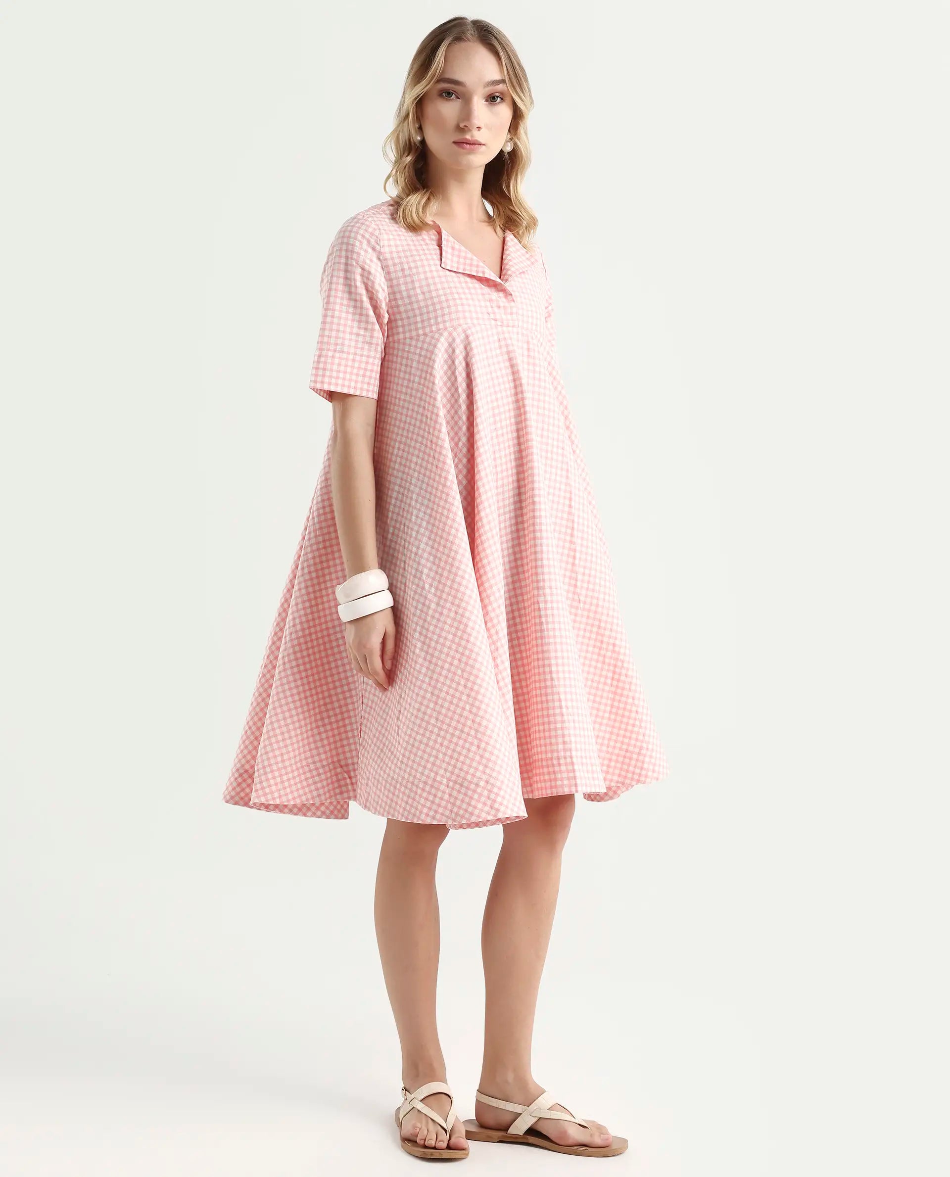 Rareism Women's Omni Peach Lapel Neck Checked Knee Length Regular Fit Dress