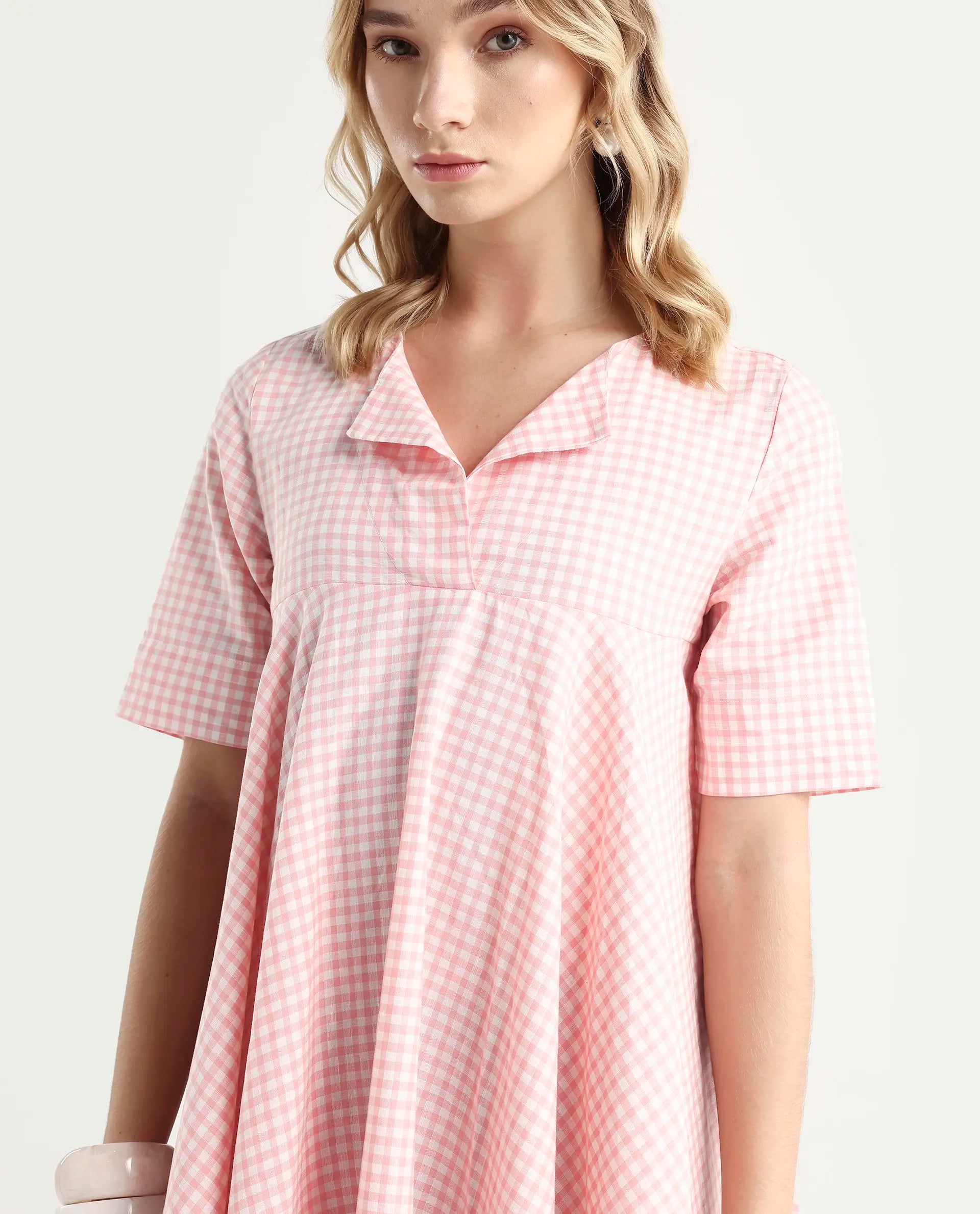 Rareism Women's Omni Peach Lapel Neck Checked Knee Length Regular Fit Dress
