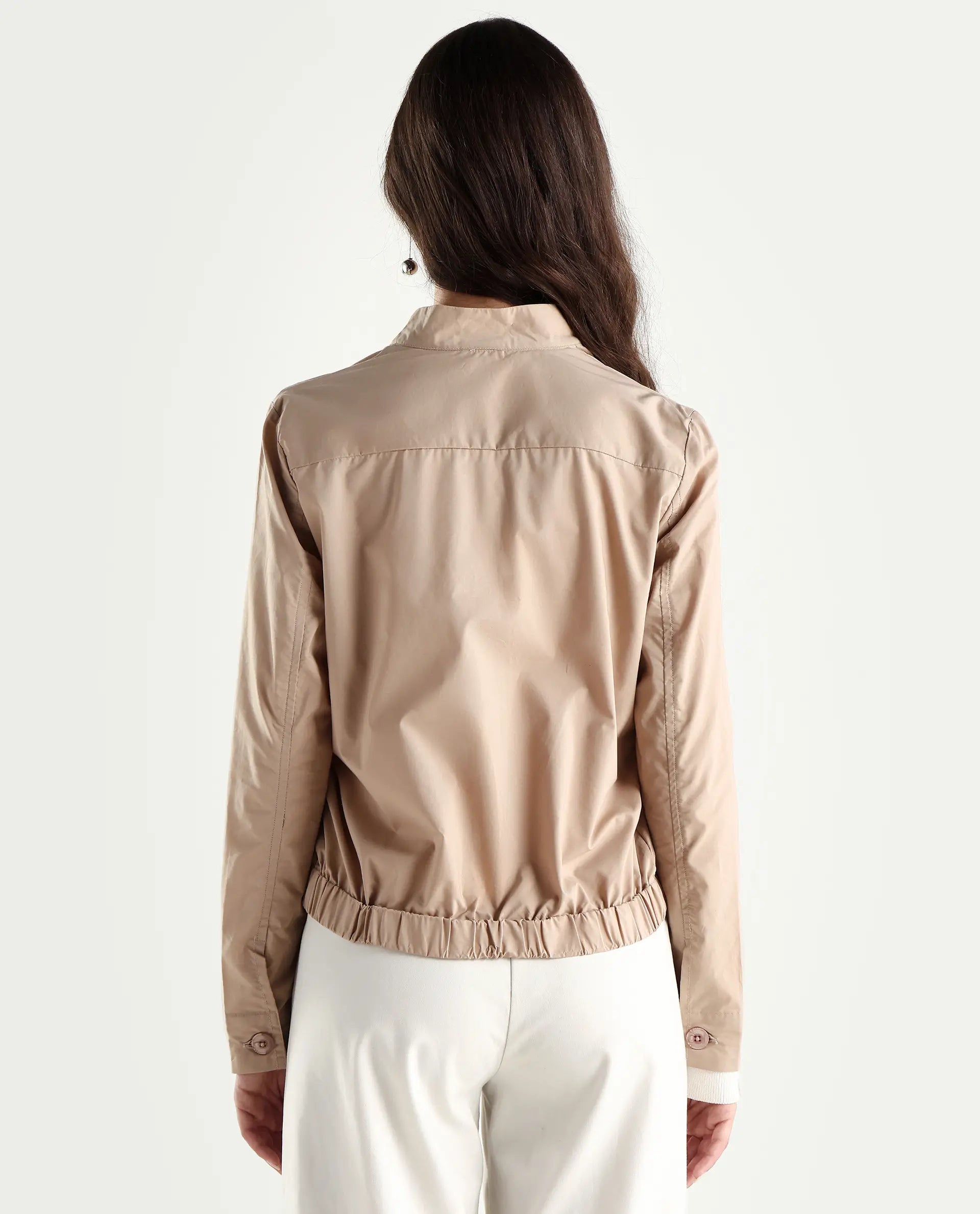 Rareism Women's Aomori Beige Polyester Blend Mandarin Collar Plain Regular Fit Jacket