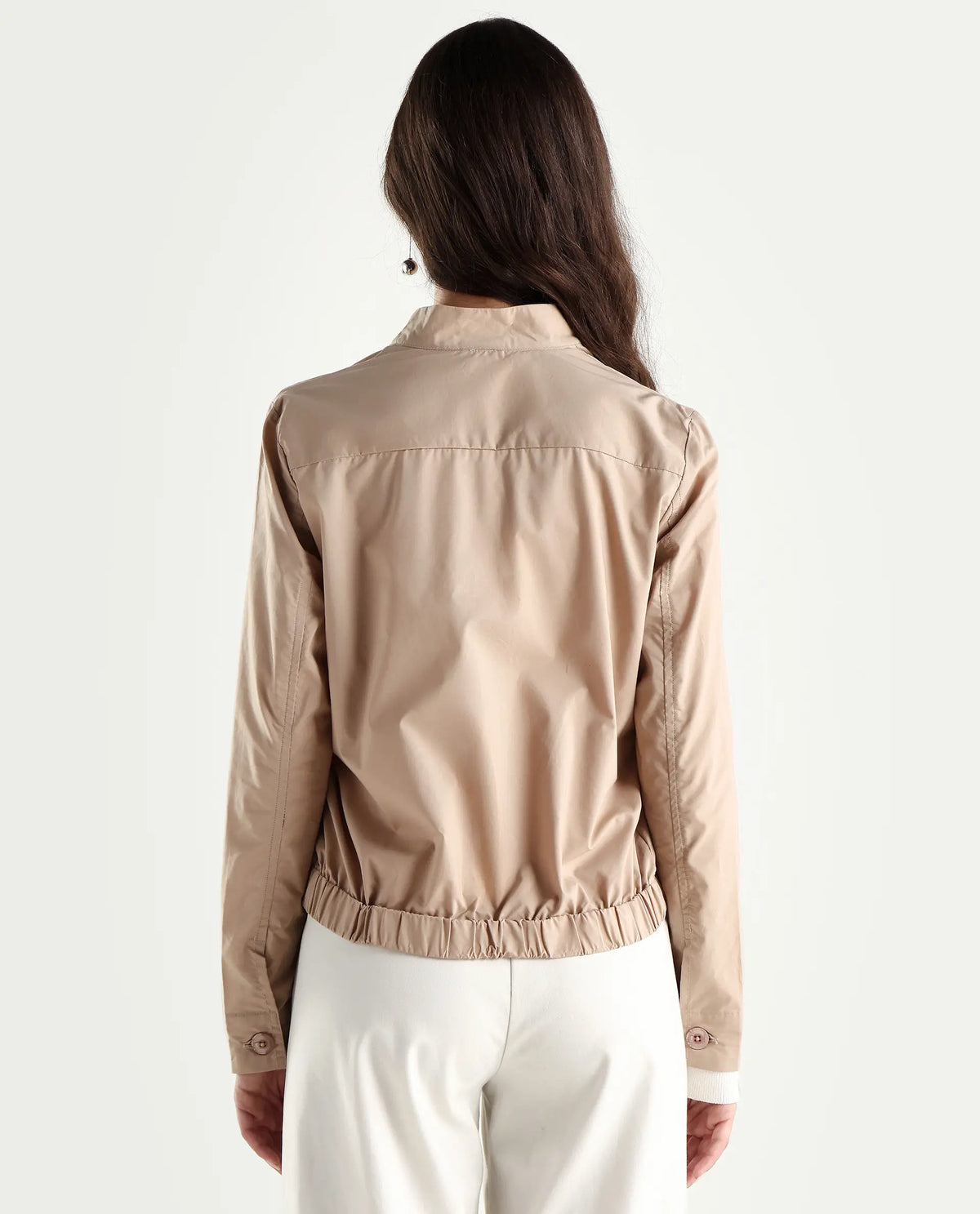 Rareism Women's Aomori Beige Polyester Blend Mandarin Collar Plain Regular Fit Jacket