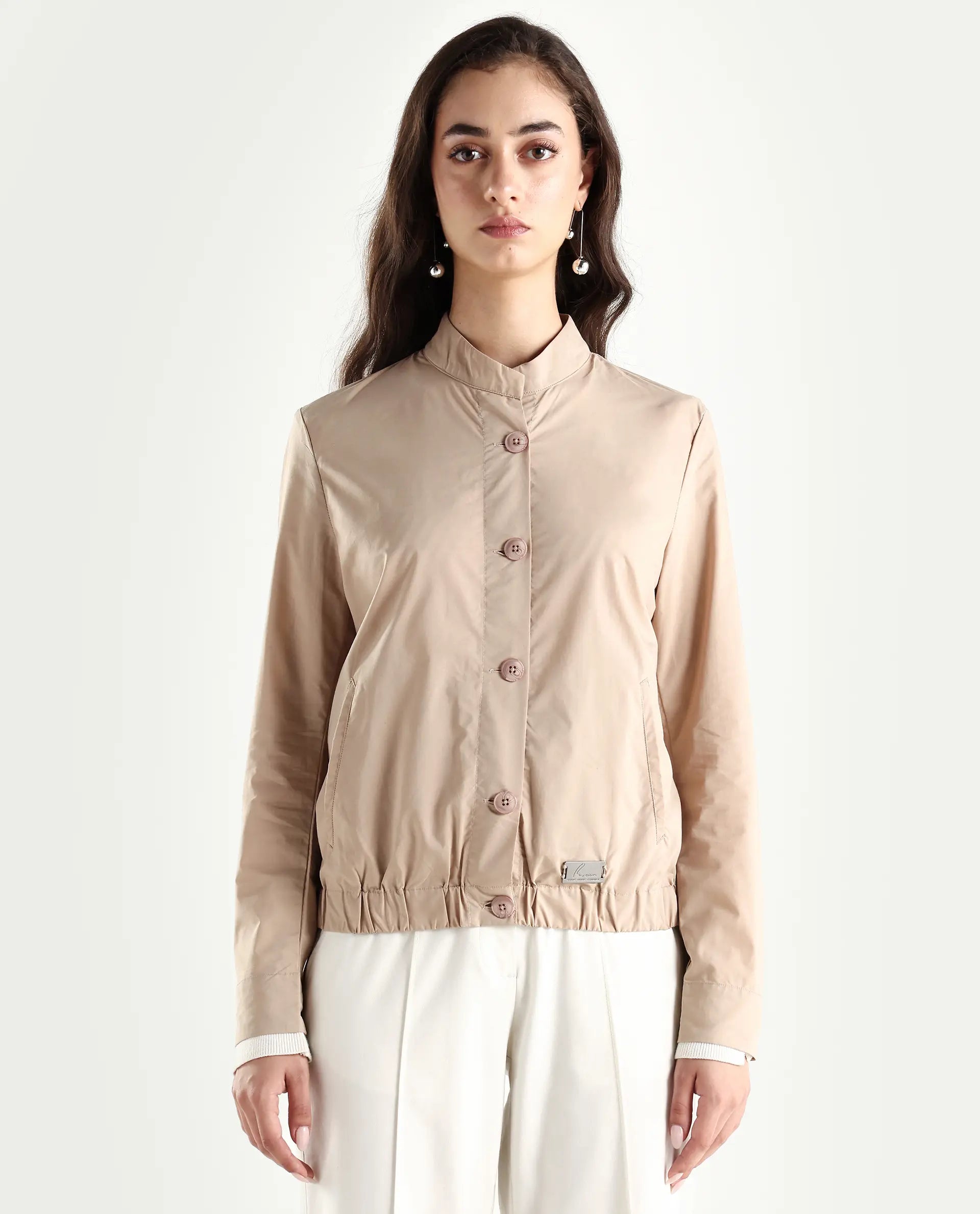 Rareism Women's Aomori Beige Polyester Blend Mandarin Collar Plain Regular Fit Jacket