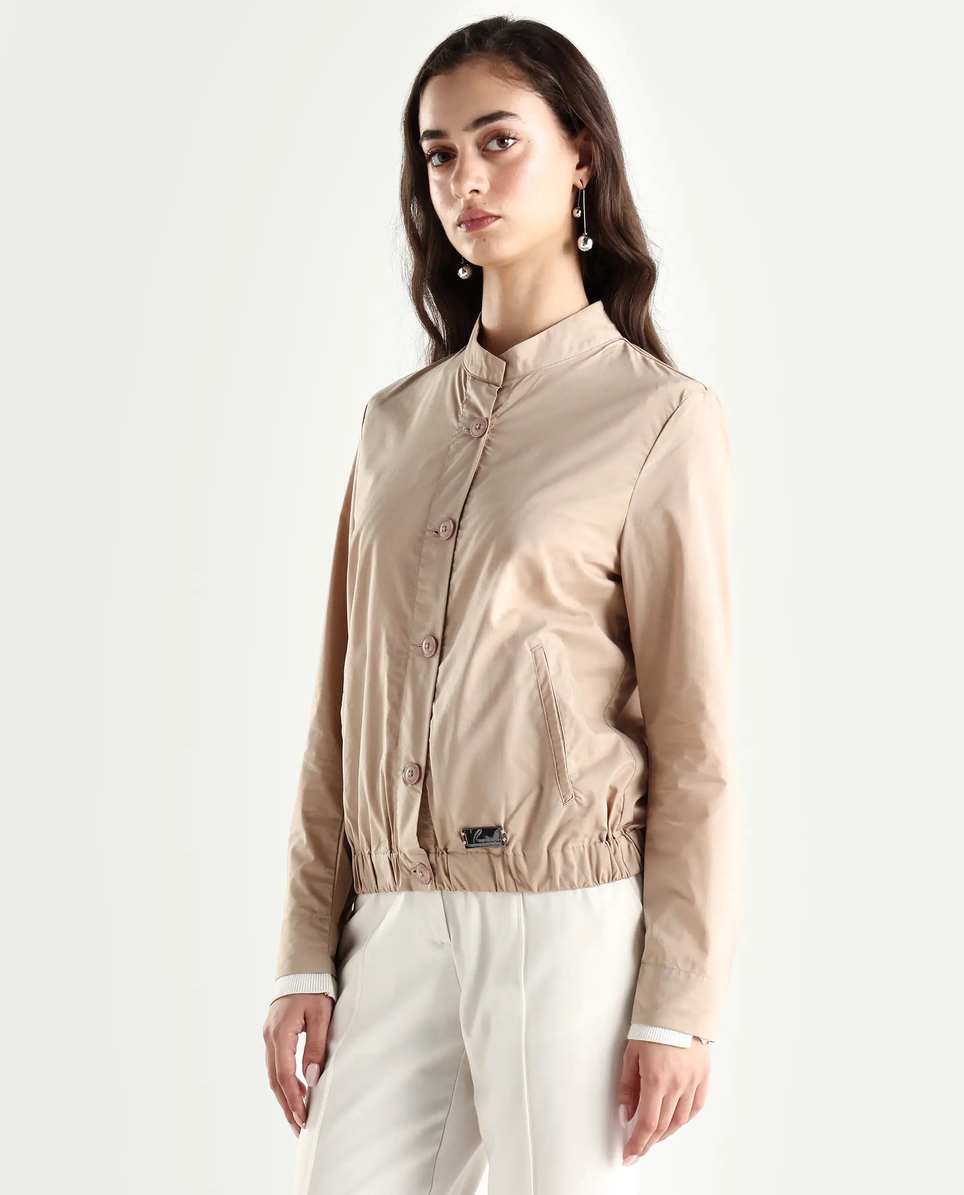 Rareism Women's Aomori Beige Polyester Blend Mandarin Collar Plain Regular Fit Jacket