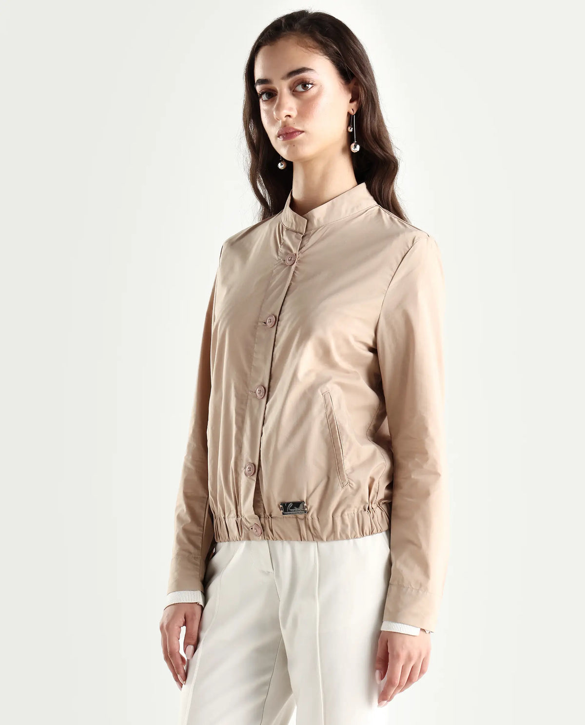 Rareism Women's Aomori Beige Polyester Blend Mandarin Collar Plain Regular Fit Jacket