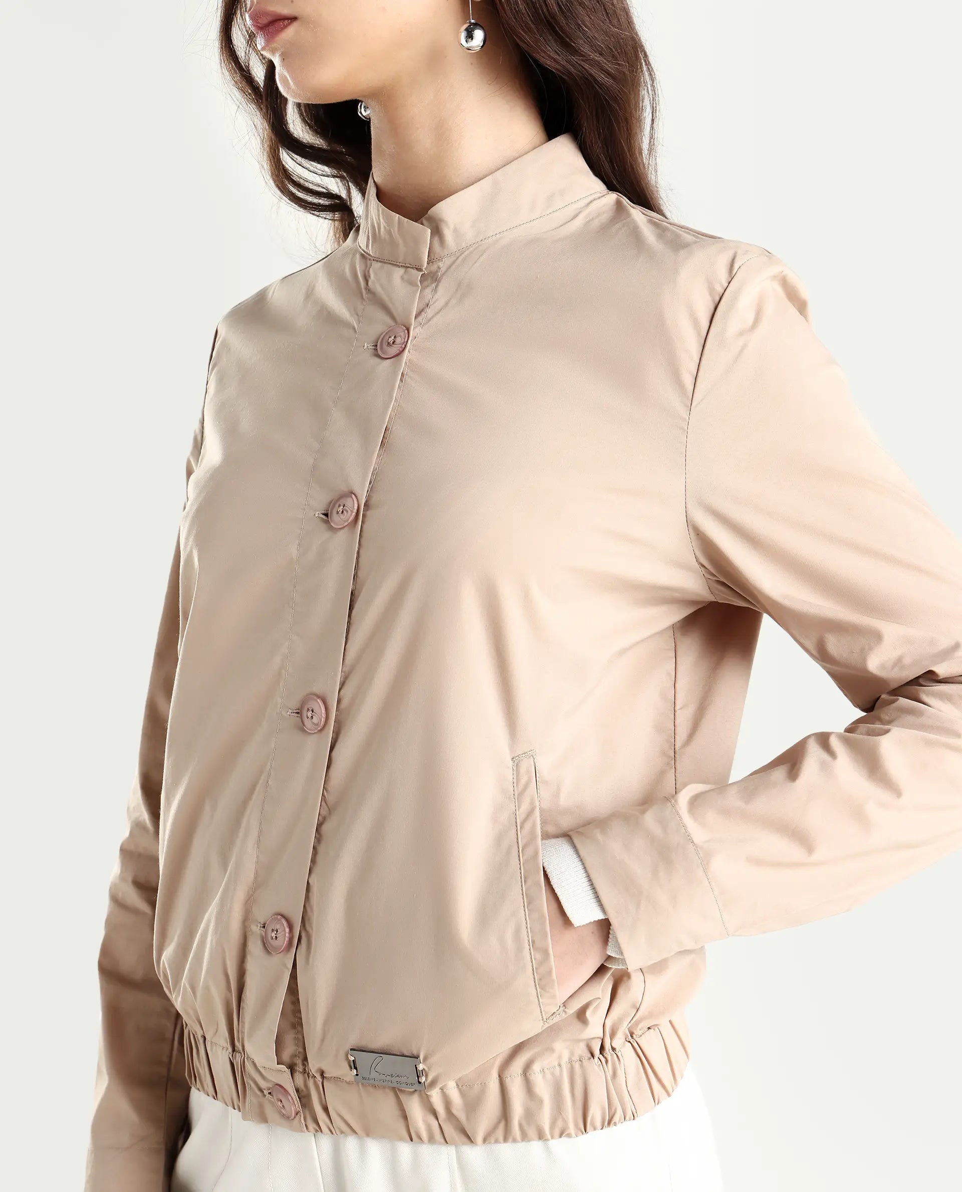 Rareism Women's Aomori Beige Polyester Blend Mandarin Collar Plain Regular Fit Jacket
