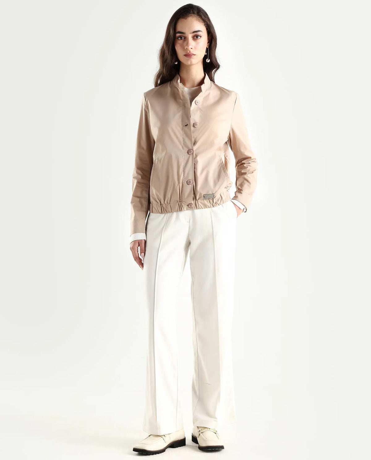 Rareism Women's Aomori Beige Polyester Blend Mandarin Collar Plain Regular Fit Jacket