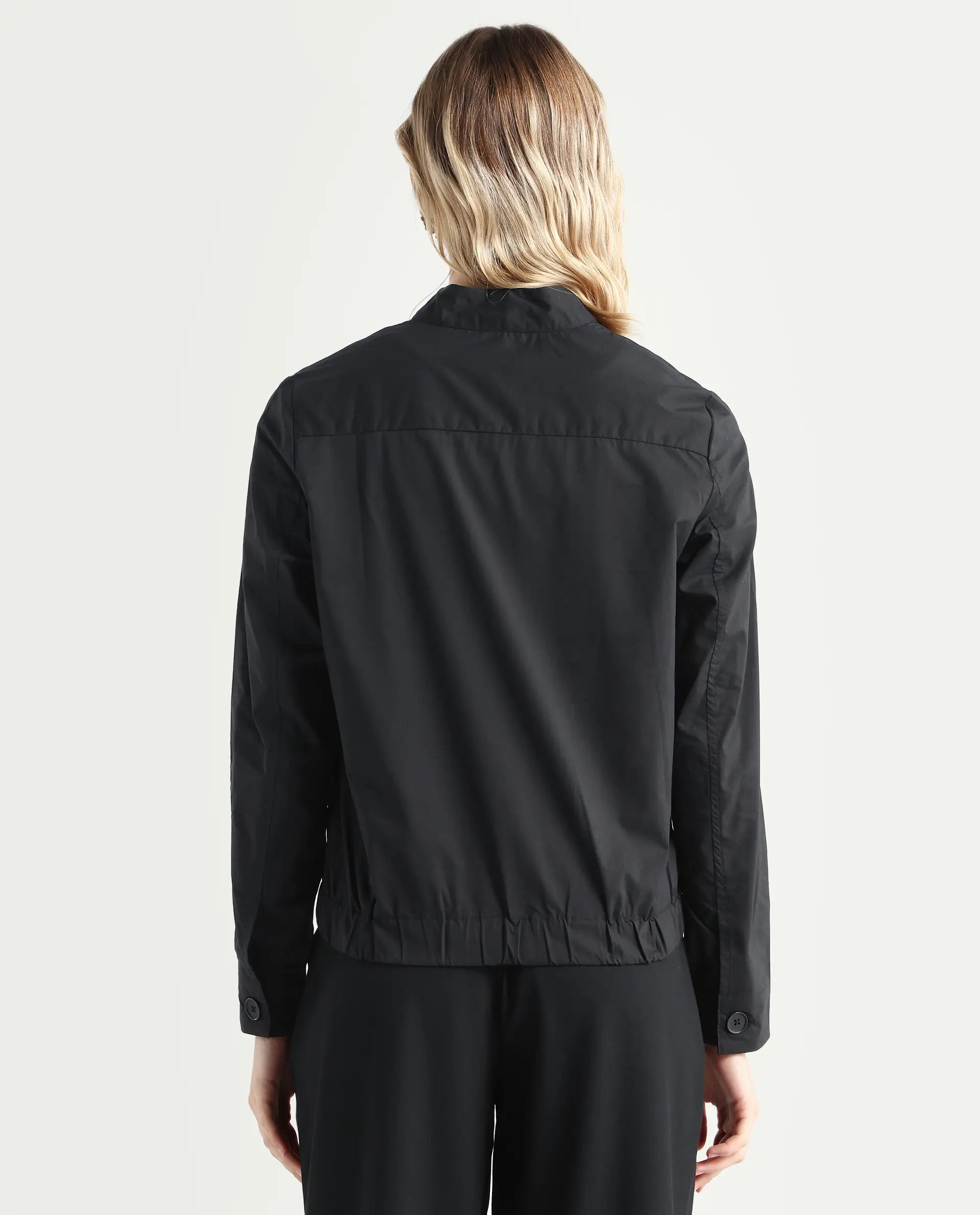 Rareism Women's Aomori Black Polyester Blend Mandarin Collar Plain Regular Fit Jacket