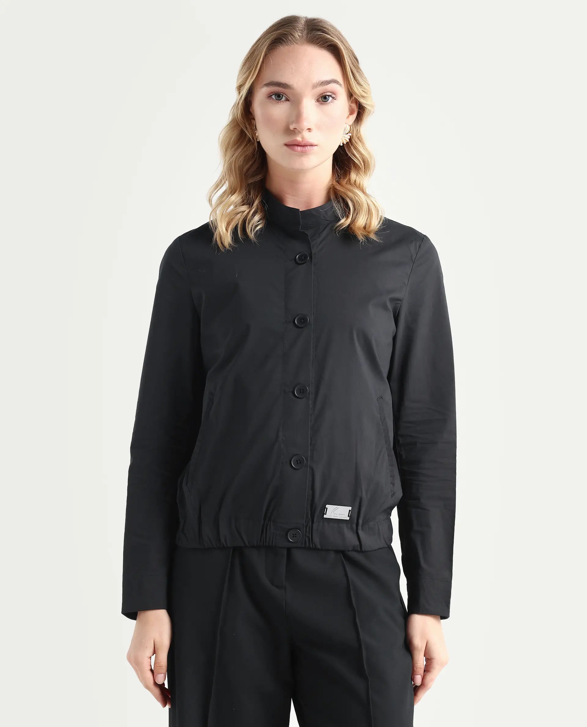 Rareism Women's Aomori Black Polyester Blend Mandarin Collar Plain Regular Fit Jacket