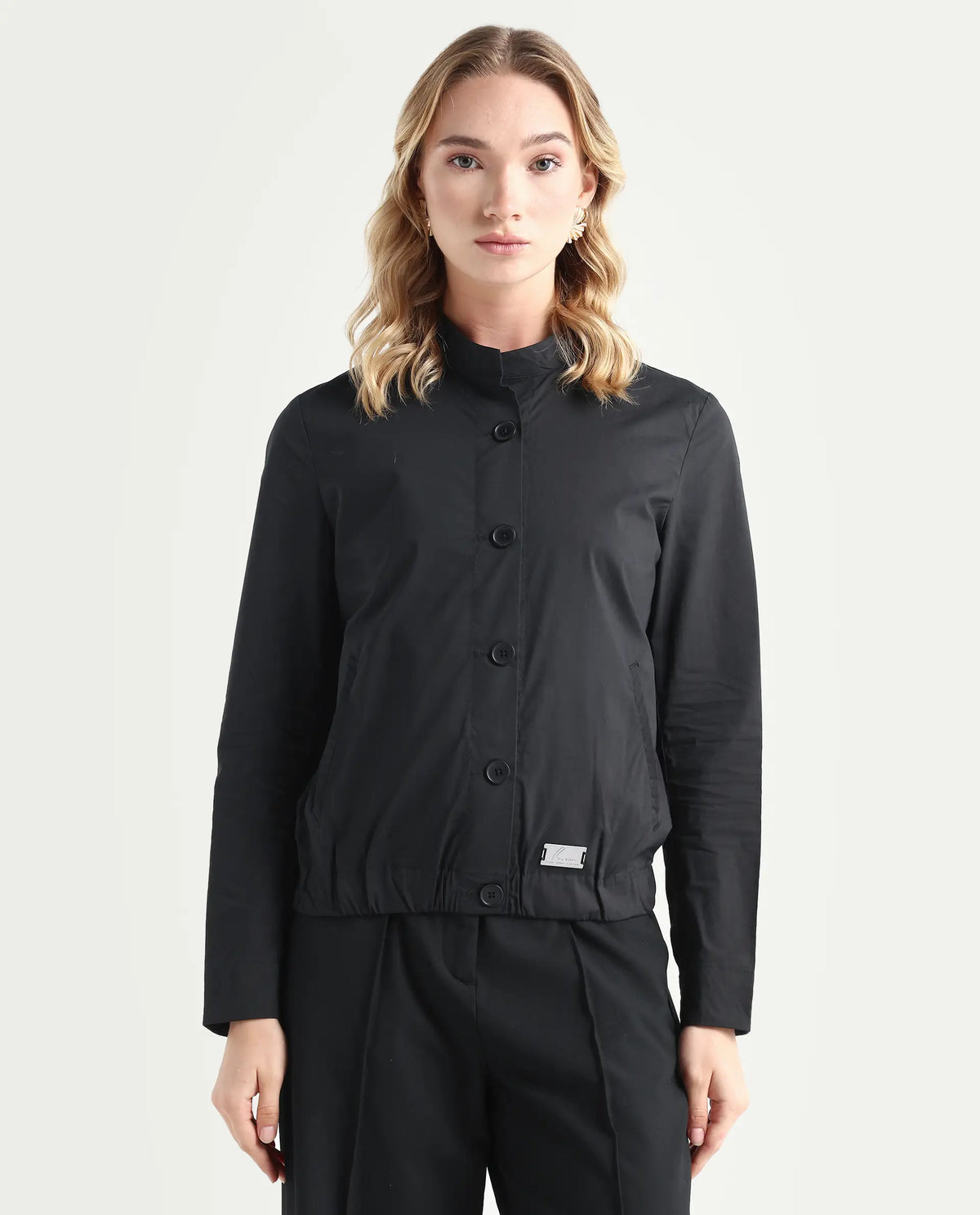 Rareism Women's Aomori Black Polyester Blend Mandarin Collar Plain Regular Fit Jacket