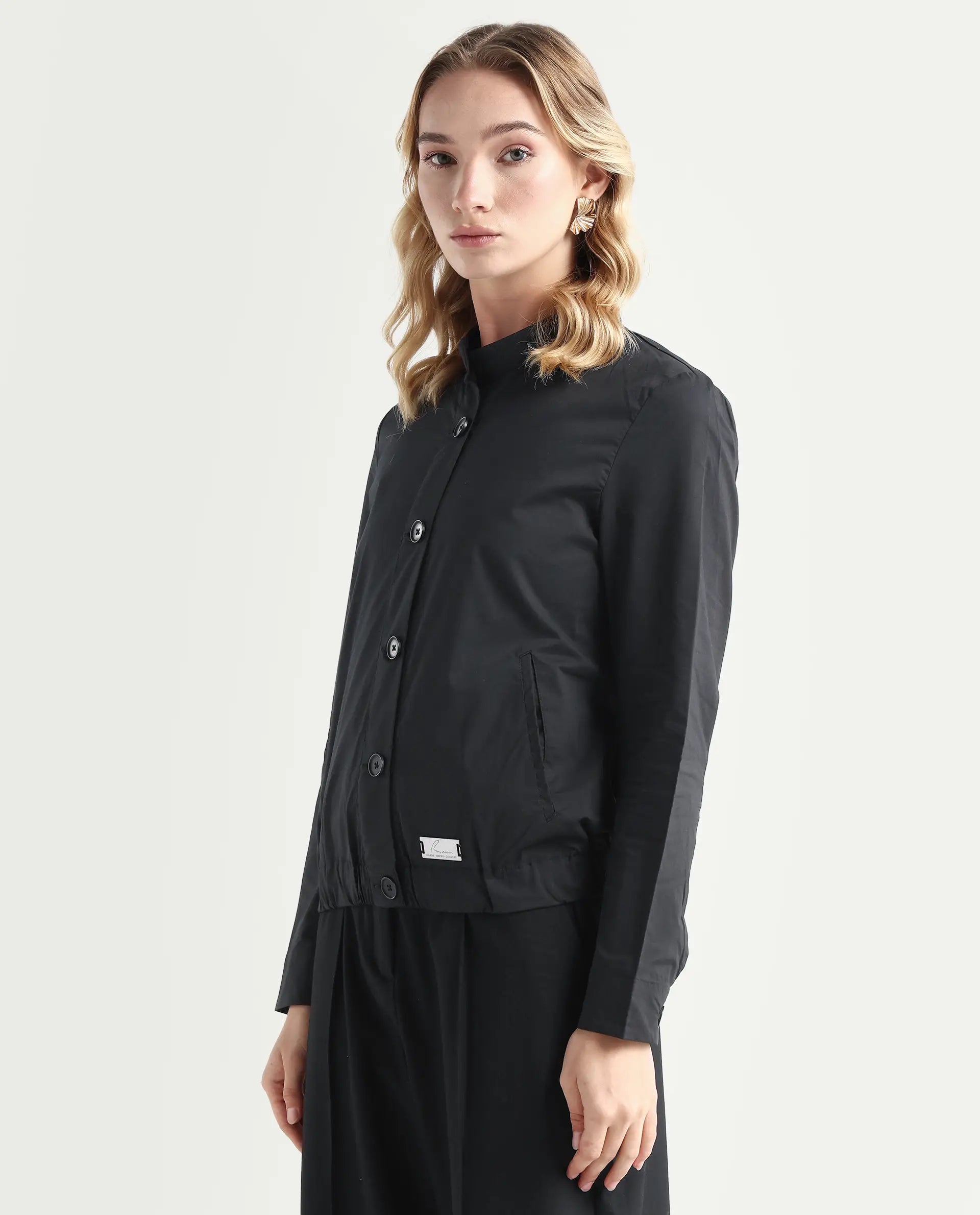 Rareism Women's Aomori Black Polyester Blend Mandarin Collar Plain Regular Fit Jacket