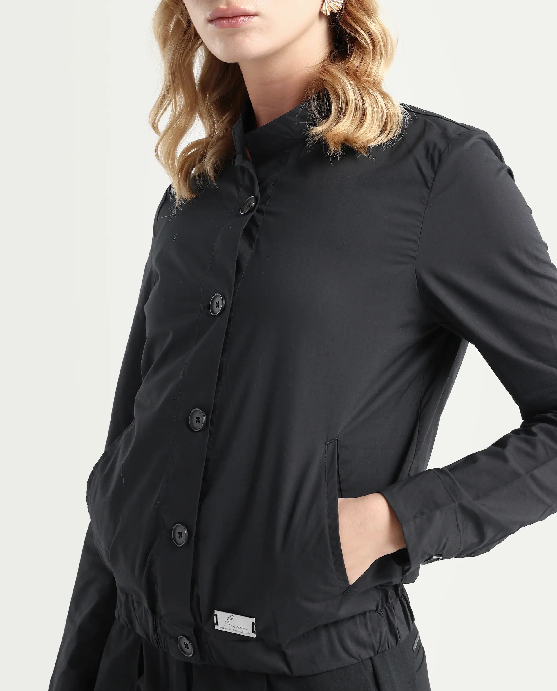 Rareism Women's Aomori Black Polyester Blend Mandarin Collar Plain Regular Fit Jacket