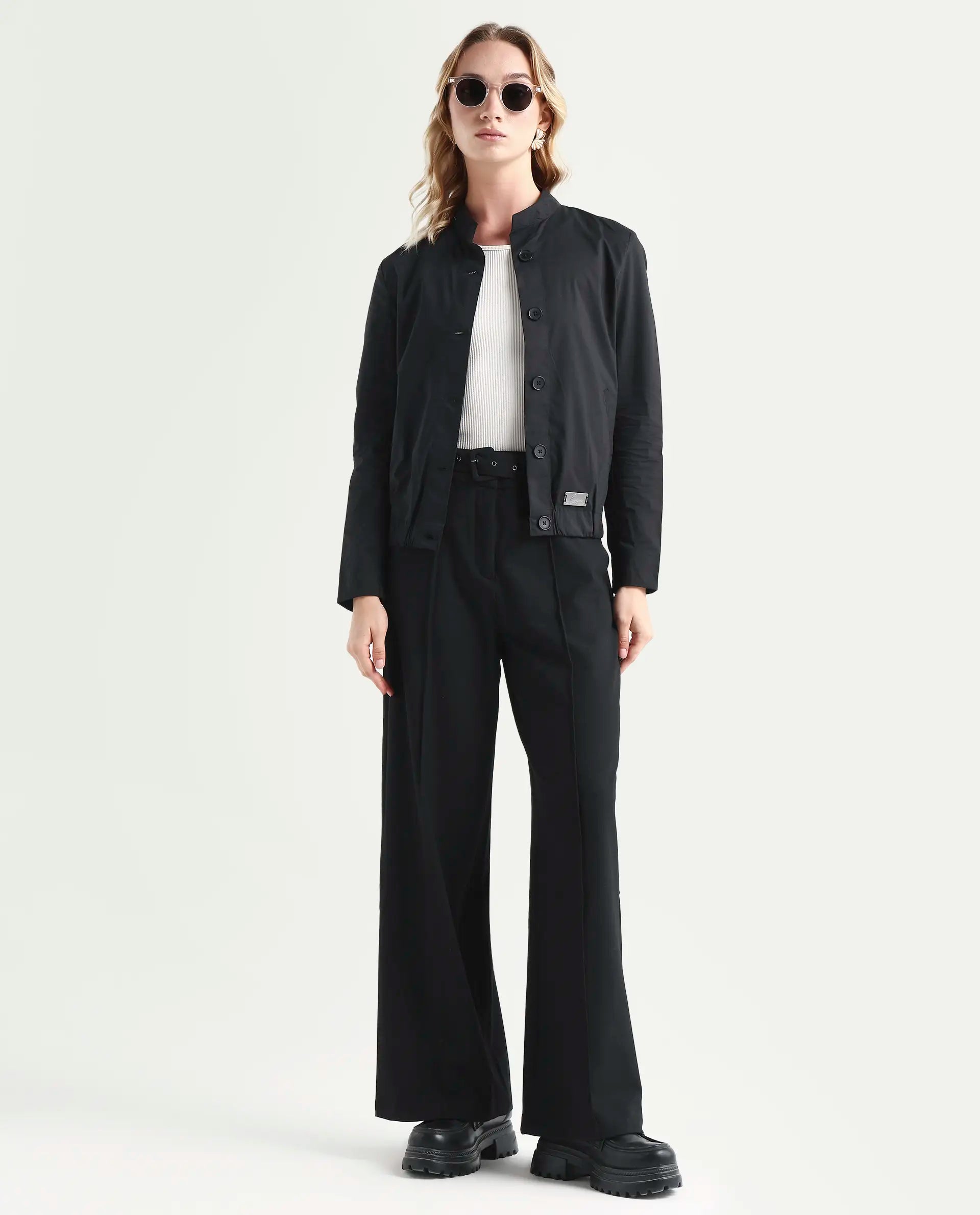 Rareism Women's Aomori Black Polyester Blend Mandarin Collar Plain Regular Fit Jacket