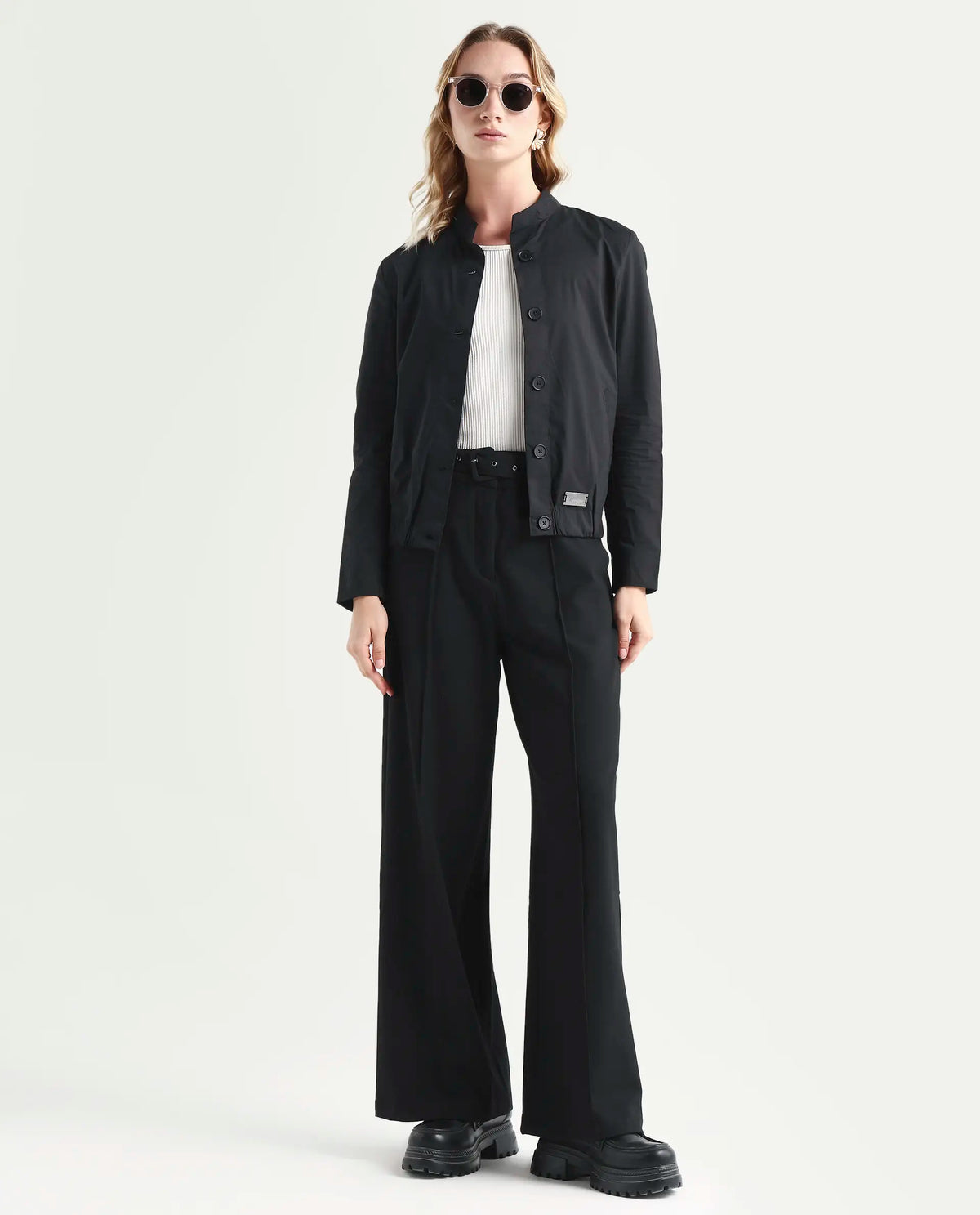 Rareism Women's Aomori Black Polyester Blend Mandarin Collar Plain Regular Fit Jacket