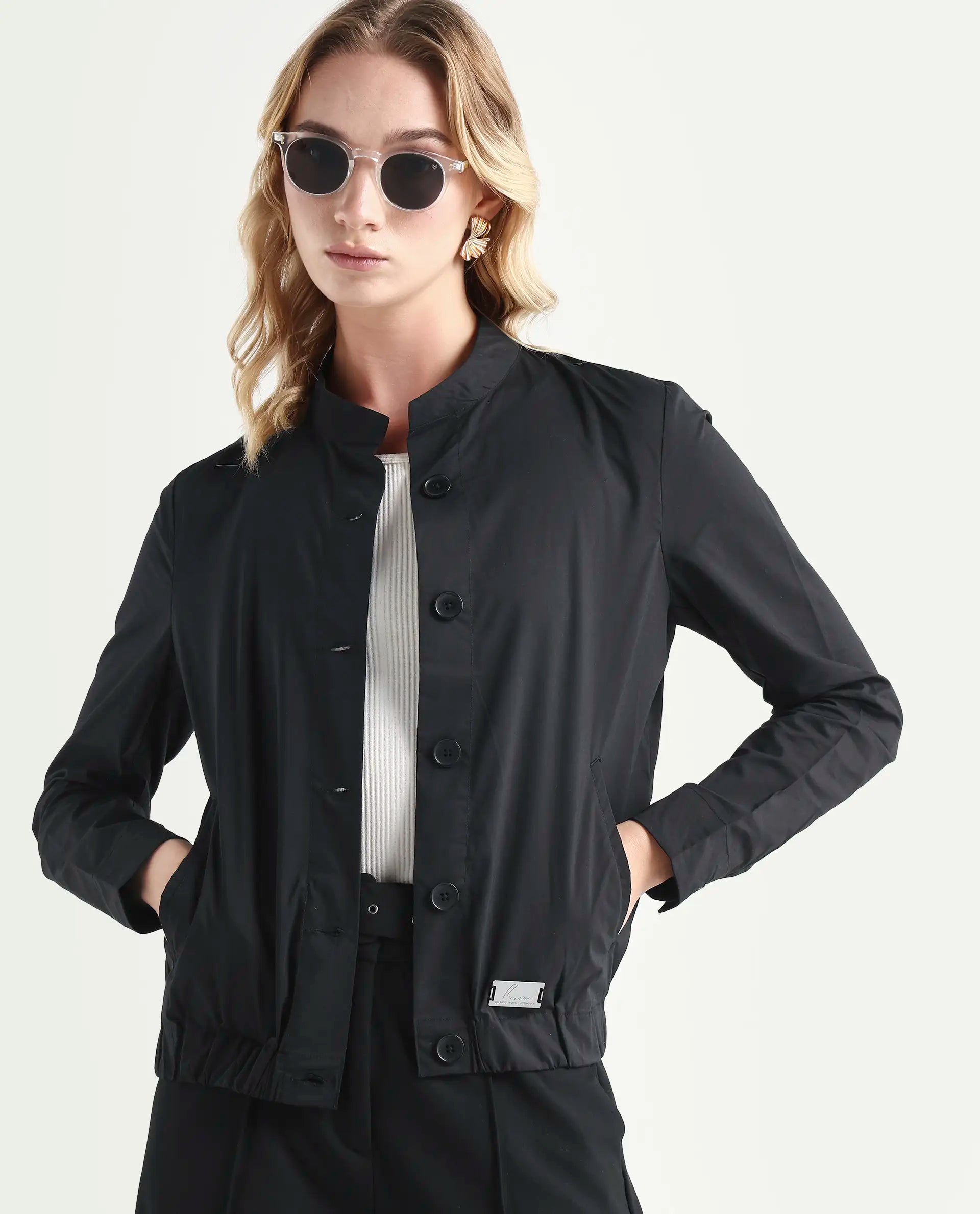 Rareism Women's Aomori Black Polyester Blend Mandarin Collar Plain Regular Fit Jacket