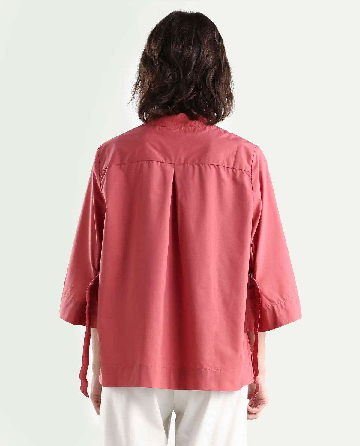 Rareism Women's Sendai Red Mandarin Collar Plain Knee Length Regular Fit Top