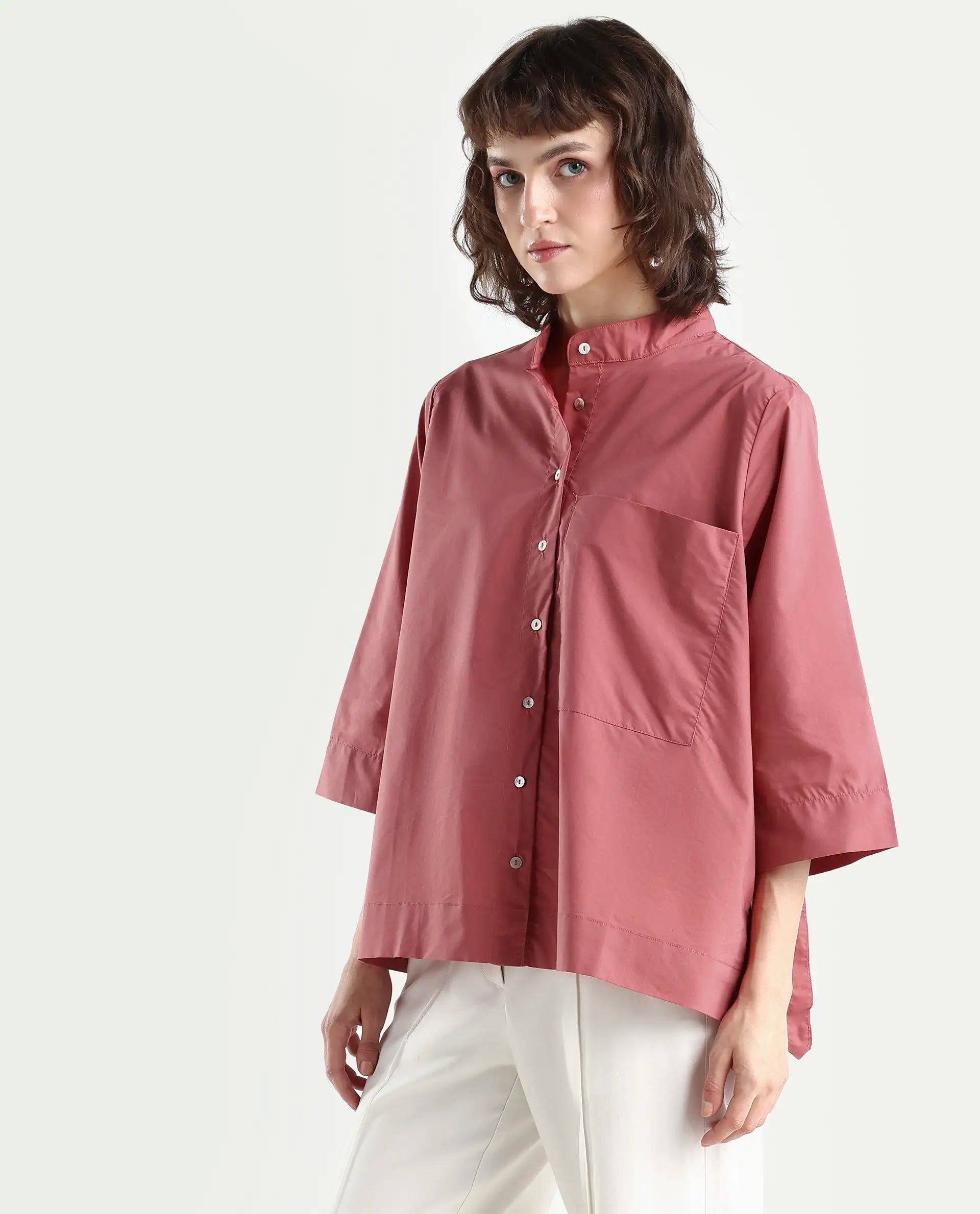Rareism Women's Sendai Red Mandarin Collar Plain Knee Length Regular Fit Top