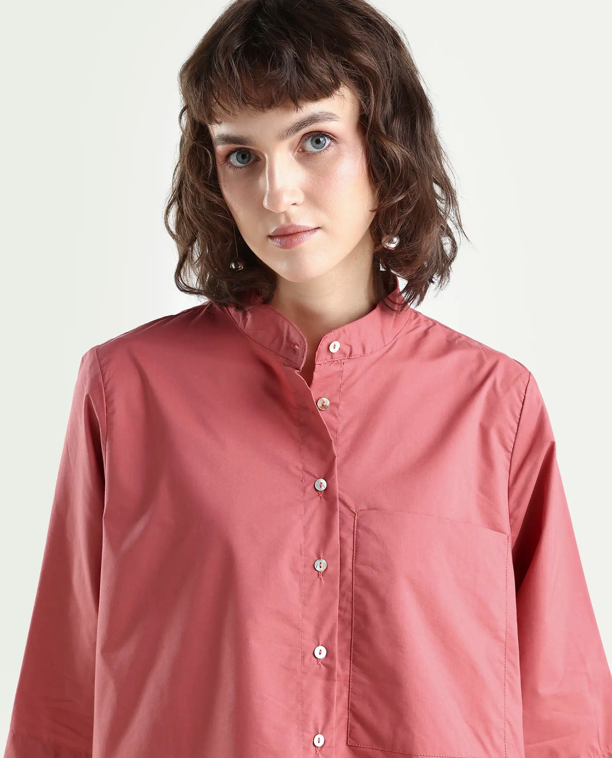 Rareism Women's Sendai Red Mandarin Collar Plain Knee Length Regular Fit Top