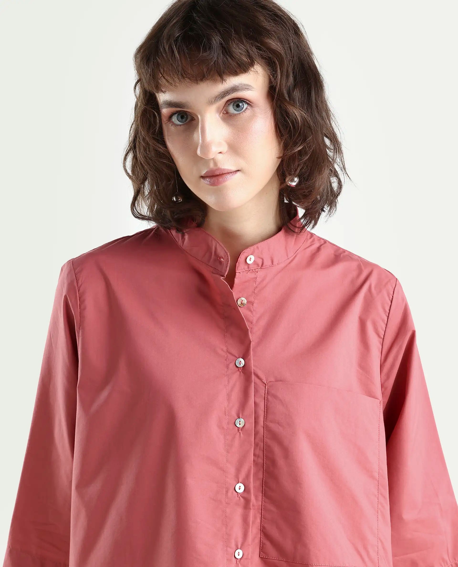Rareism Women's Sendai Red Mandarin Collar Plain Knee Length Regular Fit Top