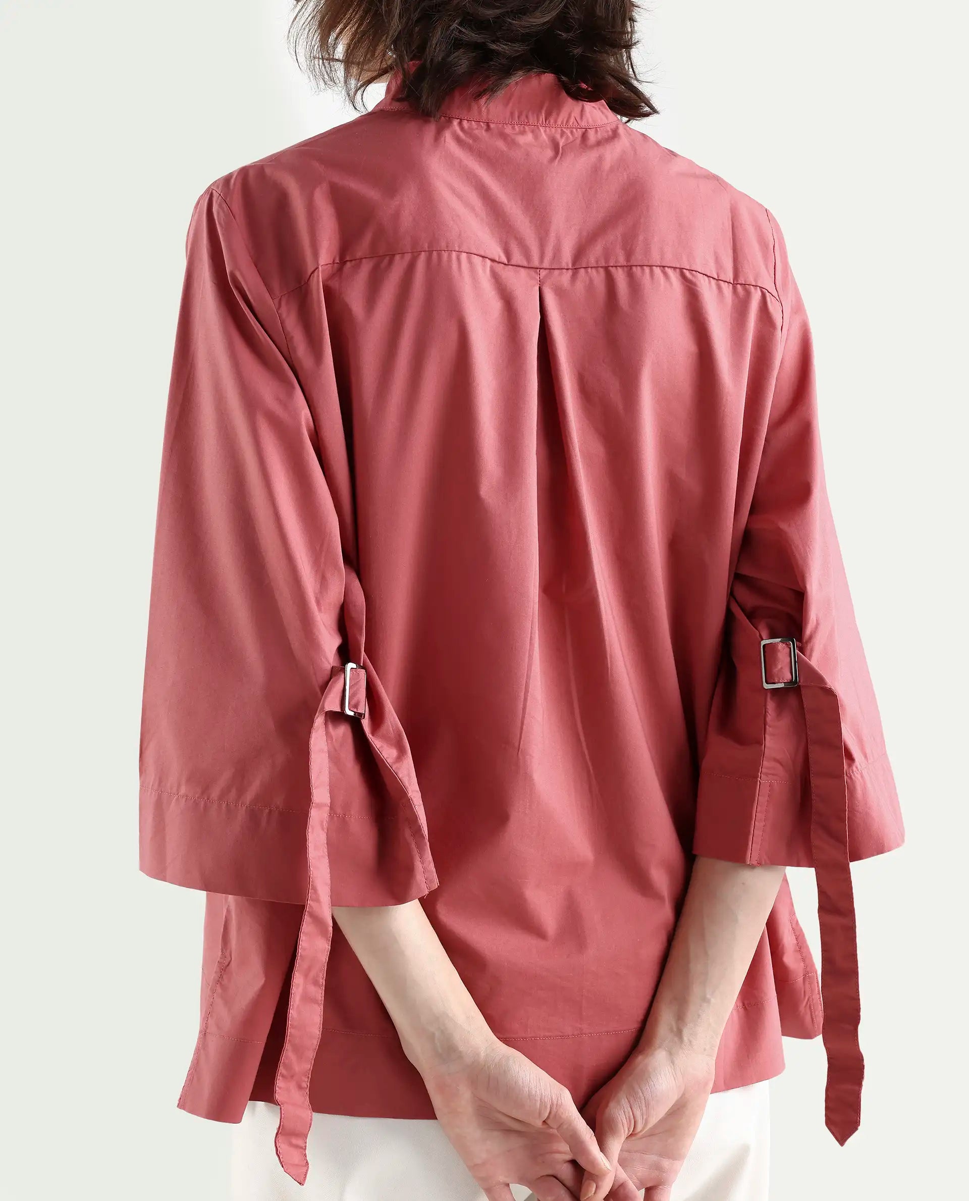 Rareism Women's Sendai Red Mandarin Collar Plain Knee Length Regular Fit Top