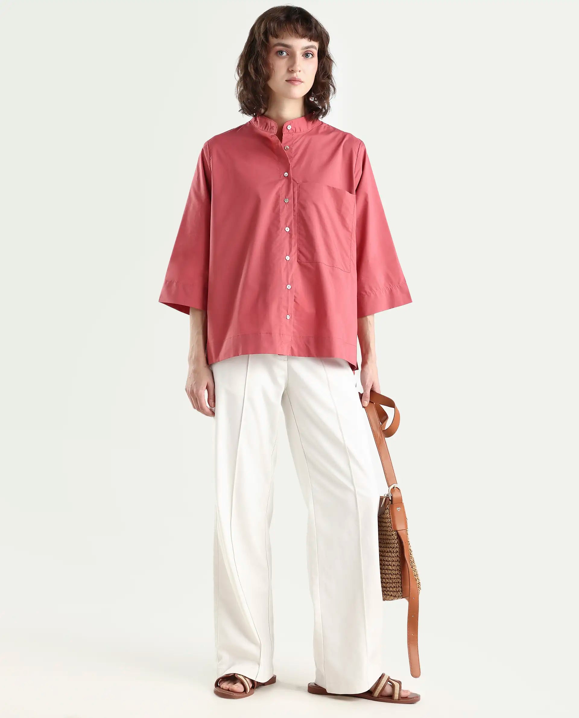 Rareism Women's Sendai Red Mandarin Collar Plain Knee Length Regular Fit Top