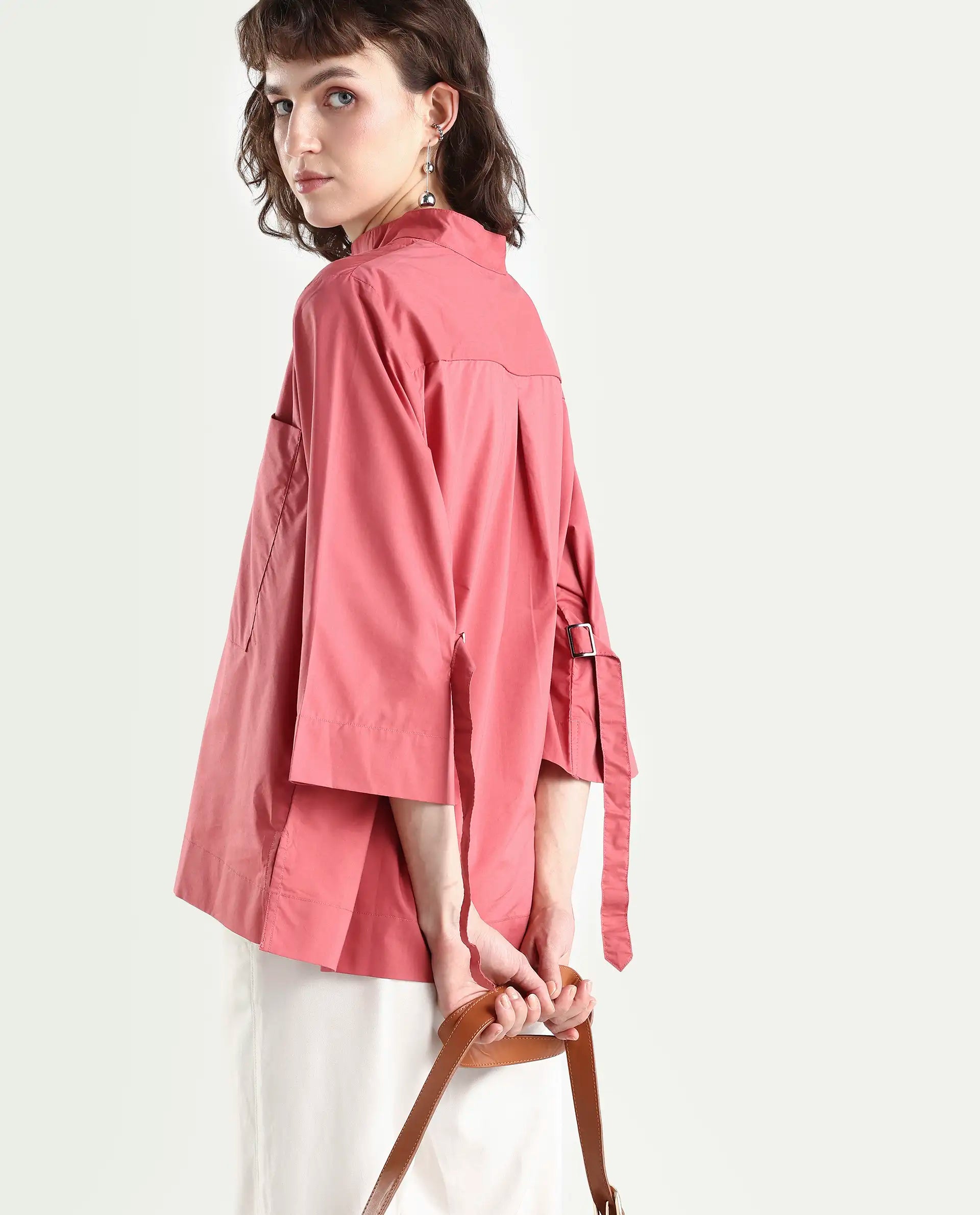 Rareism Women's Sendai Red Mandarin Collar Plain Knee Length Regular Fit Top