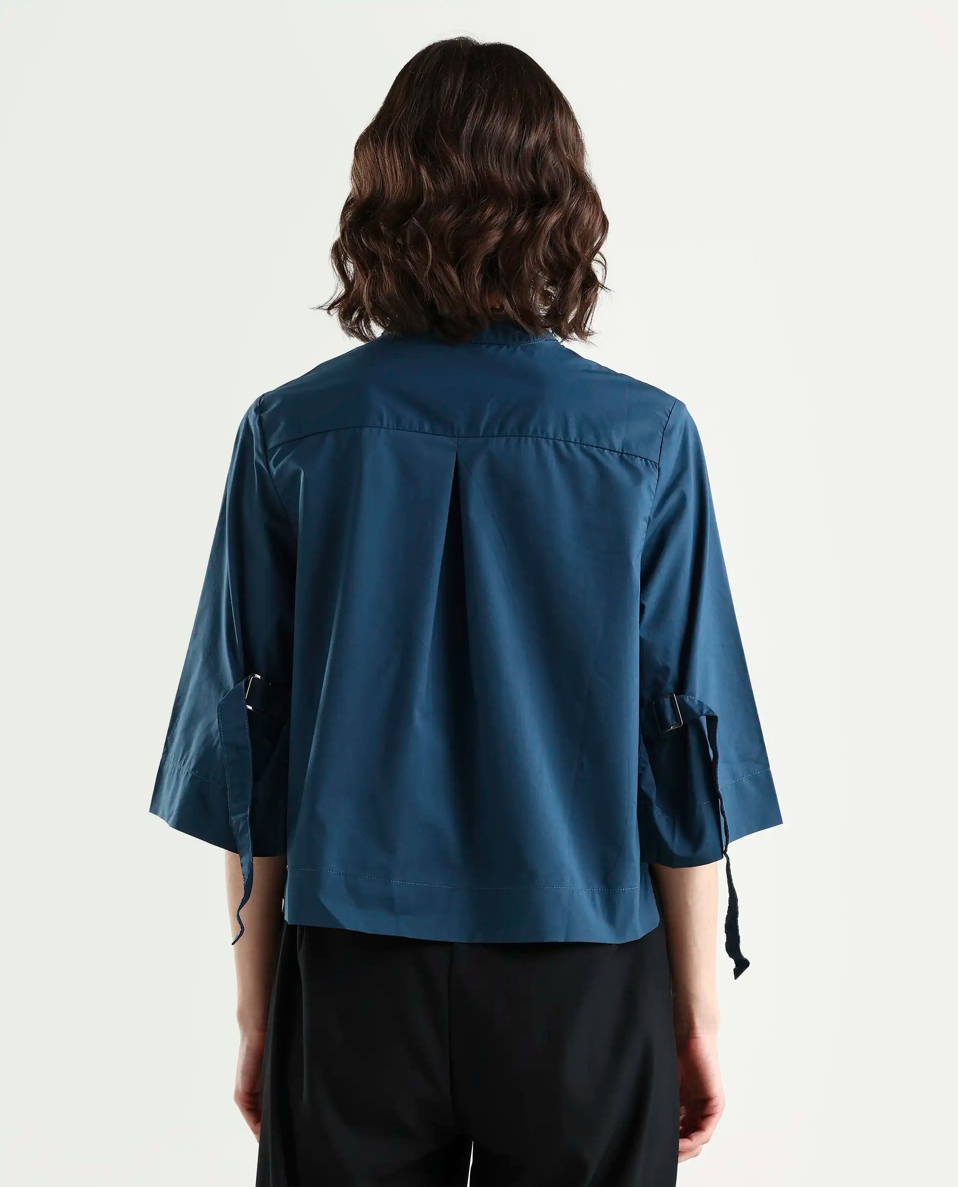 Rareism Women's Sendai Petrol Mandarin Collar Plain Knee Length Regular Fit Top